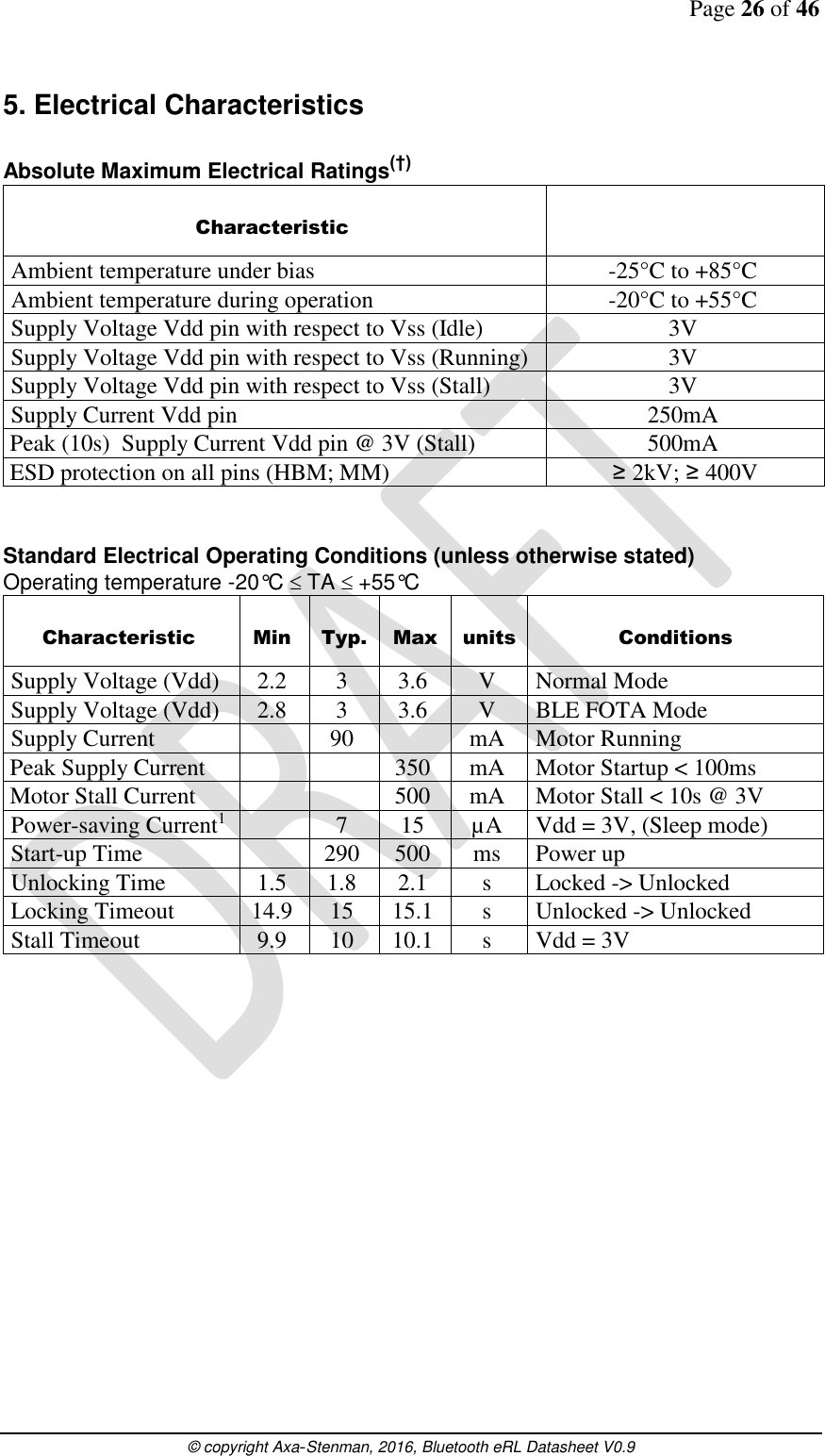Page 26 of 46      © copyright Axa-Stenman, 2016, Bluetooth eRL Datasheet V0.9    5. Electrical Characteristics  Absolute Maximum Electrical Ratings(†)  Characteristic   Ambient temperature under bias -25°C to +85°C  Ambient temperature during operation -20°C to +55°C  Supply Voltage Vdd pin with respect to Vss (Idle) 3V  Supply Voltage Vdd pin with respect to Vss (Running) 3V  Supply Voltage Vdd pin with respect to Vss (Stall) 3V  Supply Current Vdd pin 250mA Peak (10s)  Supply Current Vdd pin @ 3V (Stall) 500mA  ESD protection on all pins (HBM; MM) ≥ 2kV; ≥ 400V   Standard Electrical Operating Conditions (unless otherwise stated) Operating temperature -20°C TA +55°C  Characteristic  Min  Typ.  Max  units  Conditions  Supply Voltage (Vdd) 2.2 3 3.6 V  Normal Mode  Supply Voltage (Vdd) 2.8 3 3.6 V  BLE FOTA Mode  Supply Current  90  mA  Motor Running Peak Supply Current   350 mA  Motor Startup &lt; 100ms Motor Stall Current   500 mA  Motor Stall &lt; 10s @ 3V  Power-saving Current1  7 15 µA  Vdd = 3V, (Sleep mode)  Start-up Time  290 500 ms  Power up  Unlocking Time 1.5 1.8 2.1 s  Locked -&gt; Unlocked  Locking Timeout 14.9 15 15.1 s  Unlocked -&gt; Unlocked  Stall Timeout 9.9 10 10.1 s  Vdd = 3V                      