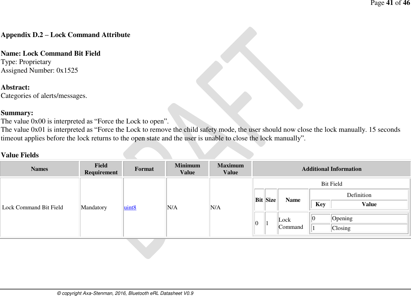 Page 41 of 46      © copyright Axa-Stenman, 2016, Bluetooth eRL Datasheet V0.9    Appendix D.2 – Lock Command Attribute  Name: Lock Command Bit Field Type: Proprietary Assigned Number: 0x1525  Abstract: Categories of alerts/messages.   Summary: The value 0x00 is interpreted as “Force the Lock to open”. The value 0x01 is interpreted as “Force the Lock to remove the child safety mode, the user should now close the lock manually. 15 seconds timeout applies before the lock returns to the open state and the user is unable to close the lock manually”.  Value Fields Names Field Requirement Format Minimum Value Maximum Value Additional Information Lock Command Bit Field  Mandatory uint8 N/A  N/A  Bit Field Bit Size Name Definition Key Value  0 1 Lock Command            0 Opening 1 Closing    