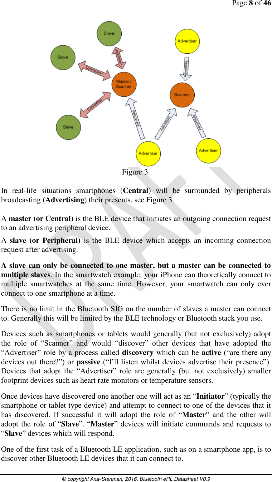 Page 8 of 46      © copyright Axa-Stenman, 2016, Bluetooth eRL Datasheet V0.9     Figure 3.  In  real-life  situations  smartphones  (Central)  will  be  surrounded  by  peripherals broadcasting (Advertising) their presents, see Figure 3.   A master (or Central) is the BLE device that initiates an outgoing connection request to an advertising peripheral device. A  slave  (or Peripheral) is  the  BLE device which  accepts an  incoming  connection request after advertising. A slave can only be connected to one master, but a master can be connected to multiple slaves. In the smartwatch example, your iPhone can theoretically connect to multiple  smartwatches  at  the  same  time.  However,  your  smartwatch  can  only  ever connect to one smartphone at a time. There is no limit in the Bluetooth SIG on the number of slaves a master can connect to. Generally this will be limited by the BLE technology or Bluetooth stack you use. Devices such as smartphones or tablets would generally (but not exclusively) adopt the  role  of  “Scanner”  and  would  “discover”  other  devices  that  have  adopted  the “Advertiser” role by a process called discovery which can be active (“are there any devices out there?”) or passive (“I’ll listen whilst devices advertise their presence”). Devices  that  adopt  the  “Advertiser”  role  are  generally  (but  not  exclusively)  smaller footprint devices such as heart rate monitors or temperature sensors. Once devices have discovered one another one will act as an “Initiator” (typically the smartphone or tablet type device) and attempt to connect to one of the devices that it has  discovered.  If  successful  it  will  adopt  the  role  of  “Master”  and  the  other  will adopt the role of  “Slave”. “Master” devices will  initiate commands and  requests to “Slave” devices which will respond. One of the first task of a Bluetooth LE application, such as on a smartphone app, is to discover other Bluetooth LE devices that it can connect to.  