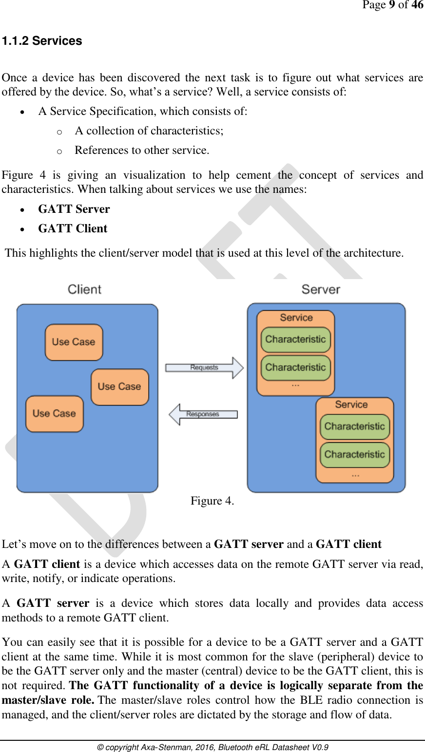 Page 9 of 46      © copyright Axa-Stenman, 2016, Bluetooth eRL Datasheet V0.9    1.1.2 Services  Once a  device has  been  discovered the  next  task  is  to figure out what services are offered by the device. So, what’s a service? Well, a service consists of:   A Service Specification, which consists of: o A collection of characteristics; o References to other service. Figure  4  is  giving  an  visualization  to  help  cement  the  concept  of  services  and characteristics. When talking about services we use the names:   GATT Server  GATT Client  This highlights the client/server model that is used at this level of the architecture.   Figure 4.   Let’s move on to the differences between a GATT server and a GATT client  A GATT client is a device which accesses data on the remote GATT server via read, write, notify, or indicate operations. A  GATT  server  is  a  device  which  stores  data  locally  and  provides  data  access methods to a remote GATT client. You can easily see that it is possible for a device to be a GATT server and a GATT client at the same time. While it is most common for the slave (peripheral) device to be the GATT server only and the master (central) device to be the GATT client, this is not  required. The GATT functionality of a device is logically separate from the master/slave role. The master/slave  roles control how  the BLE radio connection is managed, and the client/server roles are dictated by the storage and flow of data. 