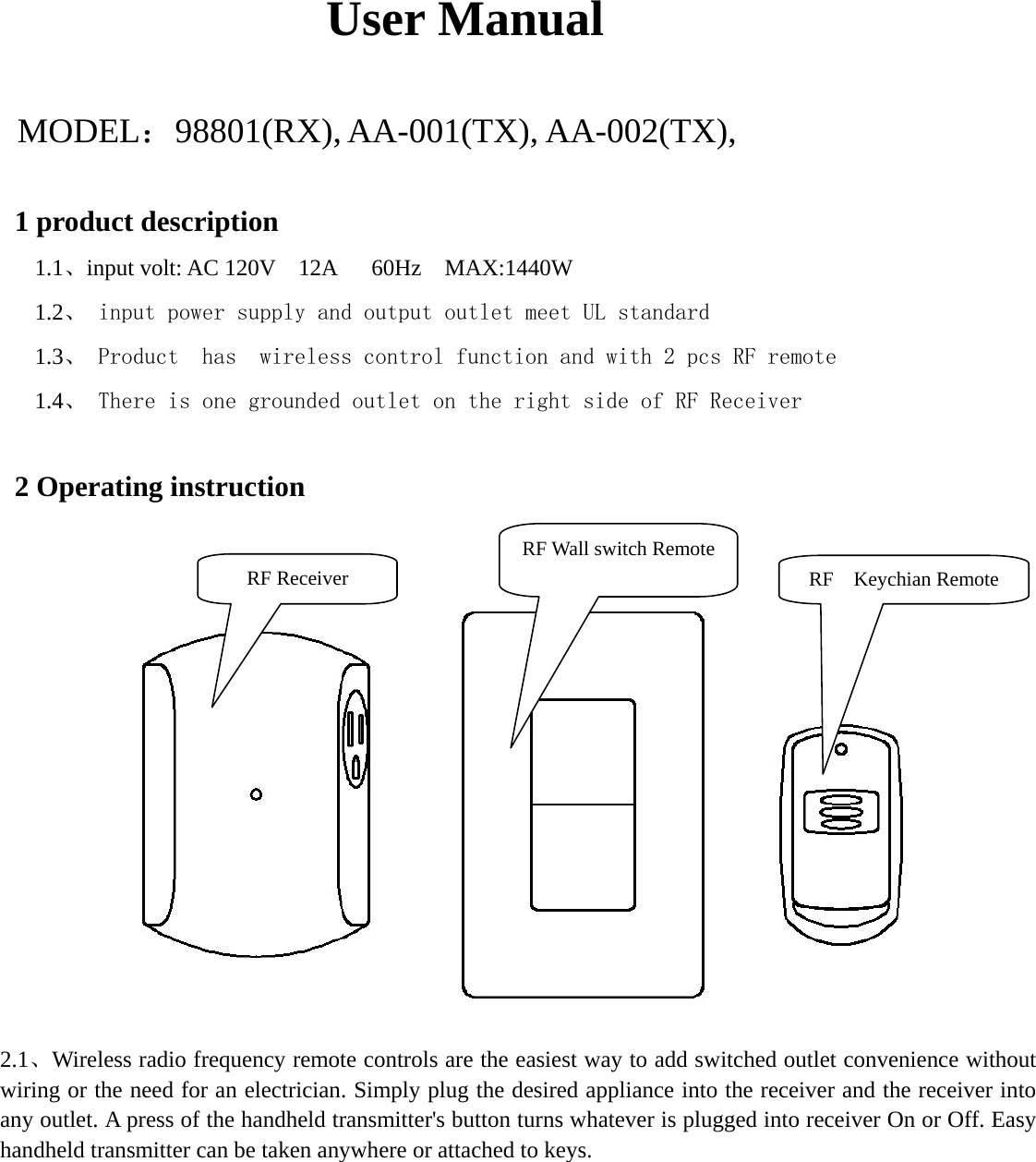 Aaron And Andrew Design Aa-001 Rf Transmitter (wall Mounted) User Manual