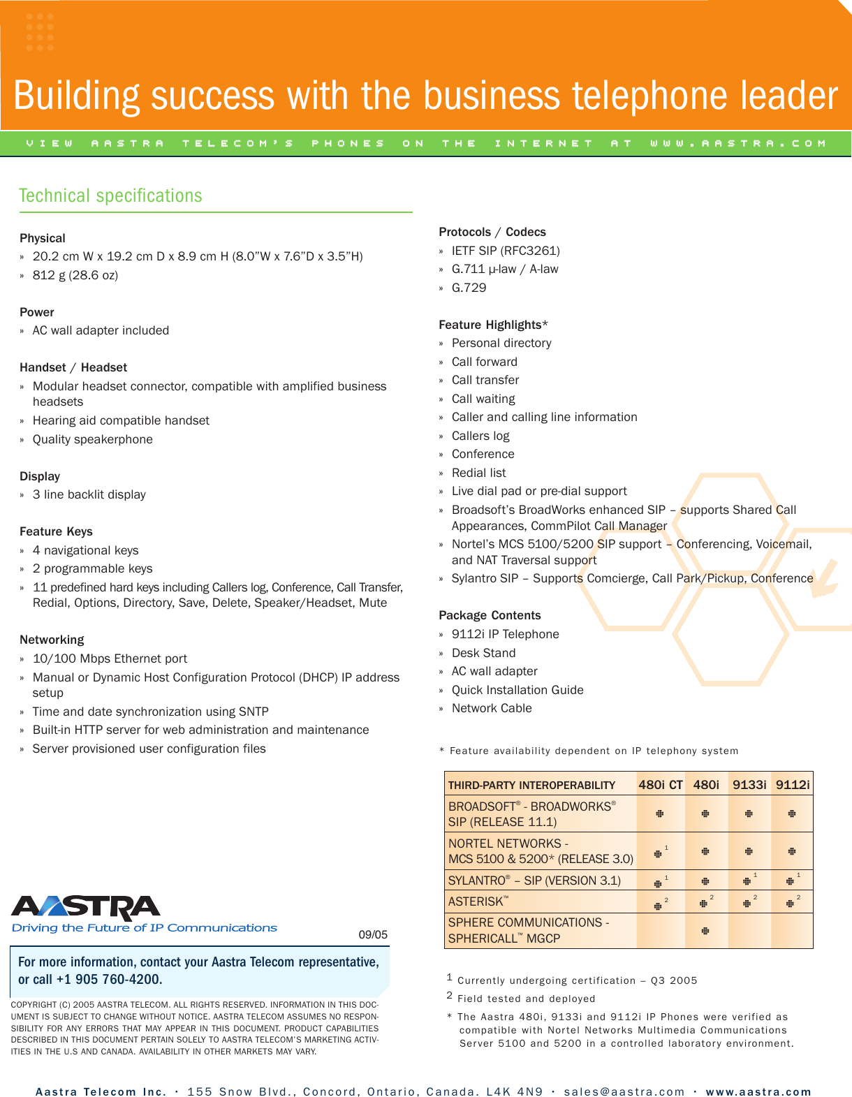Page 2 of 2 - Aastra Aastra-Sip-9112I-Users-Manual- 9112i Sell Sheet  Aastra-sip-9112i-users-manual