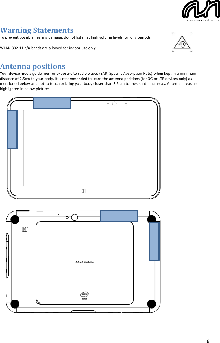 6 Warning Statements To prevent possible hearing damage, do not listen at high volume levels for long periods.   WLAN 802.11 a/n bands are allowed for indoor use only.  Antenna positions Your device meets guidelines for exposure to radio waves (SAR, Specific Absorption Rate) when kept in a minimum distance of 2.5cm to your body. It is recommended to learn the antenna positions (for 3G or LTE devices only) as mentioned below and not to touch or bring your body closer than 2.5 cm to these antenna areas. Antenna areas are highlighted in below pictures.     