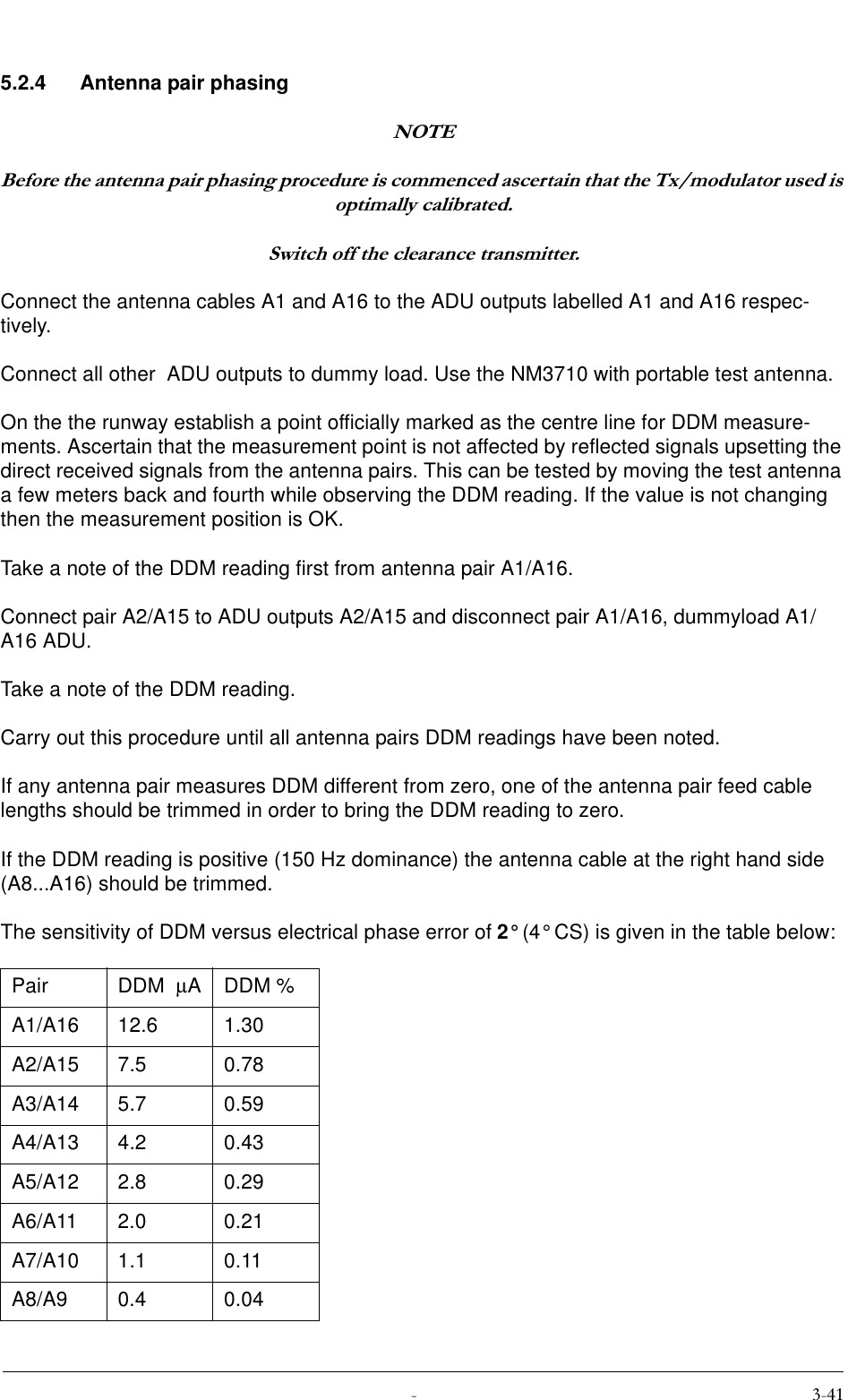  5.2.4 Antenna pair phasing127(%HIRUHWKHDQWHQQDSDLUSKDVLQJSURFHGXUHLVFRPPHQFHGDVFHUWDLQWKDWWKH7[PRGXODWRUXVHGLVRSWLPDOO\FDOLEUDWHG6ZLWFKRIIWKHFOHDUDQFHWUDQVPLWWHUConnect the antenna cables A1 and A16 to the ADU outputs labelled A1 and A16 respec-tively.Connect all other  ADU outputs to dummy load. Use the NM3710 with portable test antenna.On the the runway establish a point officially marked as the centre line for DDM measure-ments. Ascertain that the measurement point is not affected by reflected signals upsetting the direct received signals from the antenna pairs. This can be tested by moving the test antenna a few meters back and fourth while observing the DDM reading. If the value is not changing  then the measurement position is OK.Take a note of the DDM reading first from antenna pair A1/A16.Connect pair A2/A15 to ADU outputs A2/A15 and disconnect pair A1/A16, dummyload A1/A16 ADU.Take a note of the DDM reading.Carry out this procedure until all antenna pairs DDM readings have been noted.If any antenna pair measures DDM different from zero, one of the antenna pair feed cable lengths should be trimmed in order to bring the DDM reading to zero.If the DDM reading is positive (150 Hz dominance) the antenna cable at the right hand side (A8...A16) should be trimmed.The sensitivity of DDM versus electrical phase error of 2° (4° CS) is given in the table below:Pair DDM  µADDM % A1/A16 12.6 1.30A2/A15 7.5 0.78A3/A14 5.7 0.59A4/A13 4.2 0.43A5/A12 2.8 0.29A6/A11 2.0 0.21A7/A10 1.1 0.11A8/A9 0.4 0.04