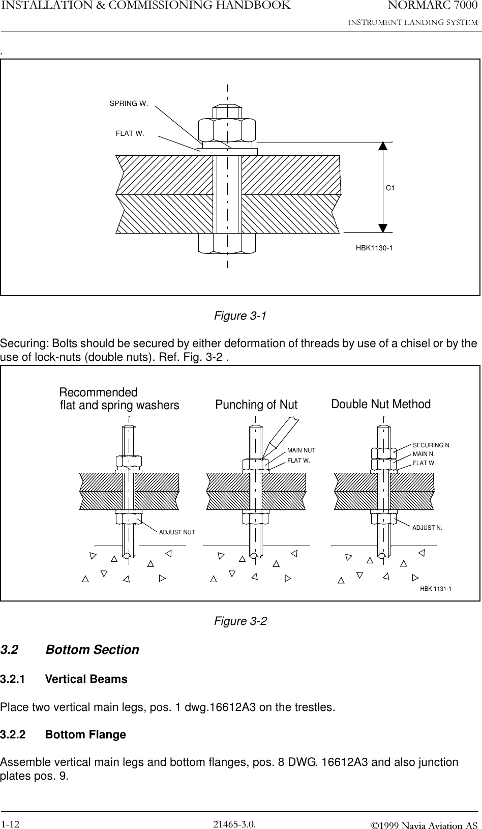 1250$5&amp;,167$//$7,21&amp;200,66,21,1*+$1&apos;%22. 1DYLD$YLDWLRQ$6.Figure 3-1 Securing: Bolts should be secured by either deformation of threads by use of a chisel or by the use of lock-nuts (double nuts). Ref. Fig. 3-2 .Figure 3-2 3.2 Bottom Section3.2.1 Vertical BeamsPlace two vertical main legs, pos. 1 dwg.16612A3 on the trestles.3.2.2 Bottom FlangeAssemble vertical main legs and bottom flanges, pos. 8 DWG. 16612A3 and also junction plates pos. 9.HBK1130-1SPRING W.FLAT W.C1FLAT W.SECURING N.MAIN N.ADJUST N.Double Nut MethodPunching of Nutflat and spring washersMAIN NUTFLAT W.RecommendedADJUST NUTHBK 1131-1