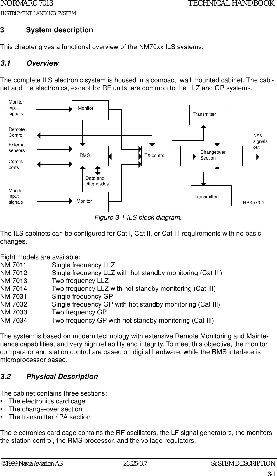 SYSTEM DESCRIPTIONNORMARC 701321825-3.73-1©1999 Navia Aviation ASINSTRUMENT LANDING SYSTEMTECHNICAL HANDBOOK3 System descriptionThis chapter gives a functional overview of the NM70xx ILS systems.3.1 OverviewThe complete ILS electronic system is housed in a compact, wall mounted cabinet. The cabi-net and the electronics, except for RF units, are common to the LLZ and GP systems.Figure 3-1 ILS block diagram.The ILS cabinets can be configured for Cat I, Cat II, or Cat III requirements with no basic changes.Eight models are available:NM 7011 Single frequency LLZNM 7012 Single frequency LLZ with hot standby monitoring (Cat III)NM 7013 Two frequency LLZNM 7014 Two frequency LLZ with hot standby monitoring (Cat III)NM 7031 Single frequency GPNM 7032 Single frequency GP with hot standby monitoring (Cat III)NM 7033 Two frequency GPNM 7034 Two frequency GP with hot standby monitoring (Cat III)The system is based on modern technology with extensive Remote Monitoring and Mainte-nance capabilities, and very high reliability and integrity. To meet this objective, the monitor comparator and station control are based on digital hardware, while the RMS interface is microprocessor based.3.2 Physical DescriptionThe cabinet contains three sections:• The electronics card cage• The change-over section• The transmitter / PA sectionThe electronics card cage contains the RF oscillators, the LF signal generators, the monitors, the station control, the RMS processor, and the voltage regulators.MonitorRMSMonitorTX control ChangeoverSectionMonitorinputsignalsMonitorinputsignals TransmitterTransmitterNAVsignalsoutRemoteControlExternalsensorsComm.portsData anddiagnosticsHBK573-1