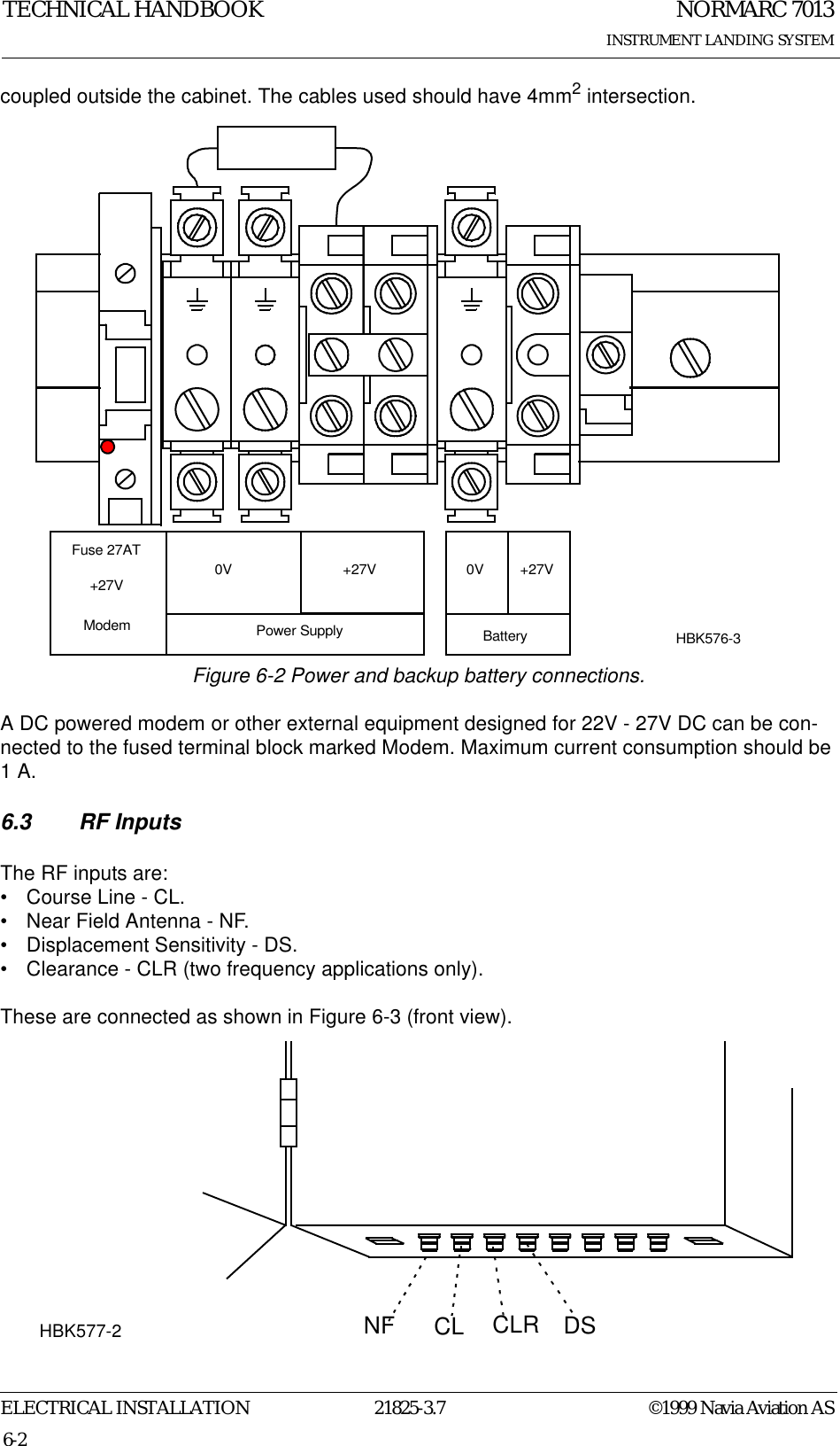 NORMARC 7013INSTRUMENT LANDING SYSTEMTECHNICAL HANDBOOKELECTRICAL INSTALLATION 21825-3.7 ©1999 Navia Aviation AS6-2coupled outside the cabinet. The cables used should have 4mm2 intersection.Figure 6-2 Power and backup battery connections.A DC powered modem or other external equipment designed for 22V - 27V DC can be con-nected to the fused terminal block marked Modem. Maximum current consumption should be 1 A.6.3 RF InputsThe RF inputs are:• Course Line - CL.• Near Field Antenna - NF.• Displacement Sensitivity - DS.• Clearance - CLR (two frequency applications only).These are connected as shown in Figure 6-3 (front view). Battery0V +27VPower Supply0V +27VHBK576-3Fuse 27AT+27VModemNF CL CLR DSHBK577-2