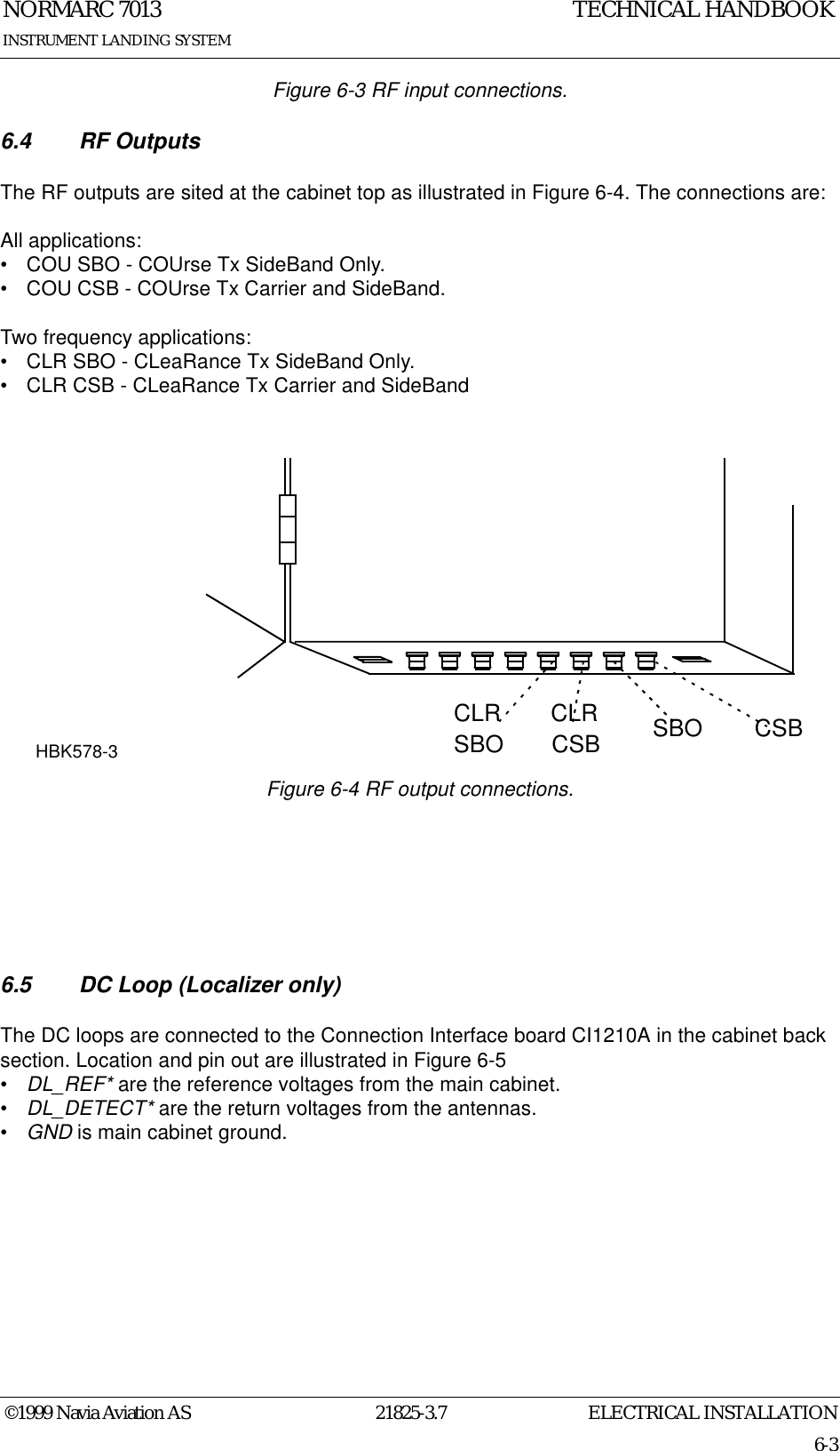 ELECTRICAL INSTALLATIONNORMARC 701321825-3.76-3©1999 Navia Aviation ASINSTRUMENT LANDING SYSTEMTECHNICAL HANDBOOKFigure 6-3 RF input connections.6.4 RF OutputsThe RF outputs are sited at the cabinet top as illustrated in Figure 6-4. The connections are:All applications:• COU SBO - COUrse Tx SideBand Only.• COU CSB - COUrse Tx Carrier and SideBand.Two frequency applications:• CLR SBO - CLeaRance Tx SideBand Only.• CLR CSB - CLeaRance Tx Carrier and SideBand  Figure 6-4 RF output connections.6.5 DC Loop (Localizer only)The DC loops are connected to the Connection Interface board CI1210A in the cabinet back section. Location and pin out are illustrated in Figure 6-5•DL_REF* are the reference voltages from the main cabinet.•DL_DETECT* are the return voltages from the antennas.•GND is main cabinet ground.CSBSBOCLRCSBCLRSBOHBK578-3