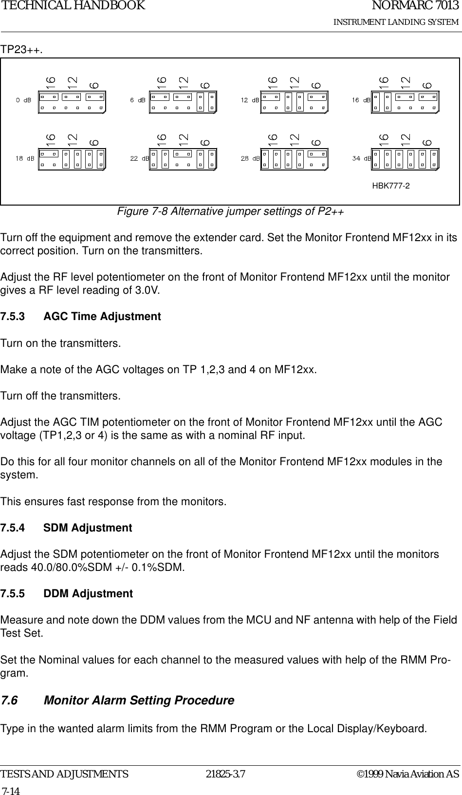 NORMARC 7013INSTRUMENT LANDING SYSTEMTECHNICAL HANDBOOKTESTS AND ADJUSTMENTS 21825-3.7 ©1999 Navia Aviation AS7-14TP23++. Figure 7-8 Alternative jumper settings of P2++Turn off the equipment and remove the extender card. Set the Monitor Frontend MF12xx in its correct position. Turn on the transmitters.Adjust the RF level potentiometer on the front of Monitor Frontend MF12xx until the monitor gives a RF level reading of 3.0V.7.5.3 AGC Time AdjustmentTurn on the transmitters.Make a note of the AGC voltages on TP 1,2,3 and 4 on MF12xx.Turn off the transmitters.Adjust the AGC TIM potentiometer on the front of Monitor Frontend MF12xx until the AGC voltage (TP1,2,3 or 4) is the same as with a nominal RF input.Do this for all four monitor channels on all of the Monitor Frontend MF12xx modules in the system.This ensures fast response from the monitors.7.5.4 SDM AdjustmentAdjust the SDM potentiometer on the front of Monitor Frontend MF12xx until the monitors reads 40.0/80.0%SDM +/- 0.1%SDM.7.5.5 DDM AdjustmentMeasure and note down the DDM values from the MCU and NF antenna with help of the Field Test Set.Set the Nominal values for each channel to the measured values with help of the RMM Pro-gram.7.6 Monitor Alarm Setting ProcedureType in the wanted alarm limits from the RMM Program or the Local Display/Keyboard.HBK777-2