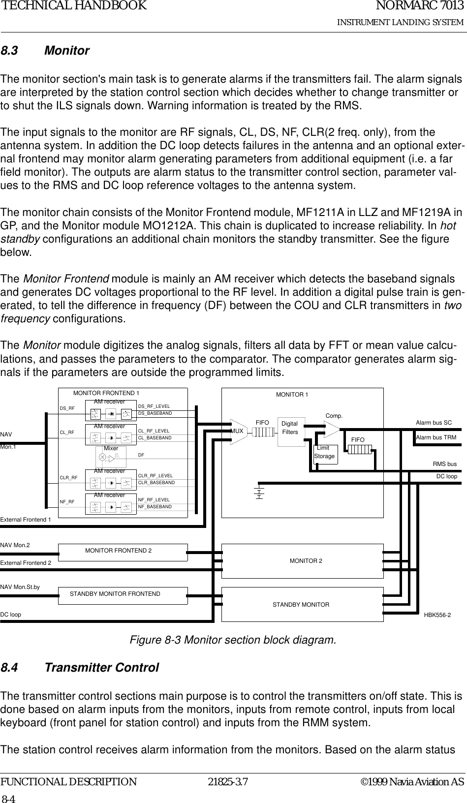 NORMARC 7013INSTRUMENT LANDING SYSTEMTECHNICAL HANDBOOKFUNCTIONAL DESCRIPTION 21825-3.7 ©1999 Navia Aviation AS8-48.3 MonitorThe monitor section&apos;s main task is to generate alarms if the transmitters fail. The alarm signals are interpreted by the station control section which decides whether to change transmitter or to shut the ILS signals down. Warning information is treated by the RMS.The input signals to the monitor are RF signals, CL, DS, NF, CLR(2 freq. only), from the antenna system. In addition the DC loop detects failures in the antenna and an optional exter-nal frontend may monitor alarm generating parameters from additional equipment (i.e. a far field monitor). The outputs are alarm status to the transmitter control section, parameter val-ues to the RMS and DC loop reference voltages to the antenna system.The monitor chain consists of the Monitor Frontend module, MF1211A in LLZ and MF1219A in GP, and the Monitor module MO1212A. This chain is duplicated to increase reliability. In hot standby configurations an additional chain monitors the standby transmitter. See the figure below.The Monitor Frontend module is mainly an AM receiver which detects the baseband signals and generates DC voltages proportional to the RF level. In addition a digital pulse train is gen-erated, to tell the difference in frequency (DF) between the COU and CLR transmitters in two frequency configurations.The Monitor module digitizes the analog signals, filters all data by FFT or mean value calcu-lations, and passes the parameters to the comparator. The comparator generates alarm sig-nals if the parameters are outside the programmed limits.Figure 8-3 Monitor section block diagram.8.4 Transmitter ControlThe transmitter control sections main purpose is to control the transmitters on/off state. This is done based on alarm inputs from the monitors, inputs from remote control, inputs from local keyboard (front panel for station control) and inputs from the RMM system.The station control receives alarm information from the monitors. Based on the alarm status DS_RFExternal Frontend 1DC loopFIFOMUXDigitalFiltersComp. Alarm bus SCRMS busDC loopExternal Frontend 2NAVMon.1NAV Mon.2NAV Mon.St.byAM receiverCL_RFAM receiverCLR_RFAM receiverNF_RFAM receiverMixerFIFOLimitStorageMONITOR FRONTEND 1 MONITOR 1MONITOR FRONTEND 2STANDBY MONITOR FRONTENDMONITOR 2STANDBY MONITORDS_RF_LEVELDS_BASEBANDCL_RF_LEVELCL_BASEBANDDFCLR_RF_LEVELCLR_BASEBANDNF_RF_LEVELNF_BASEBANDHBK556-2Alarm bus TRM