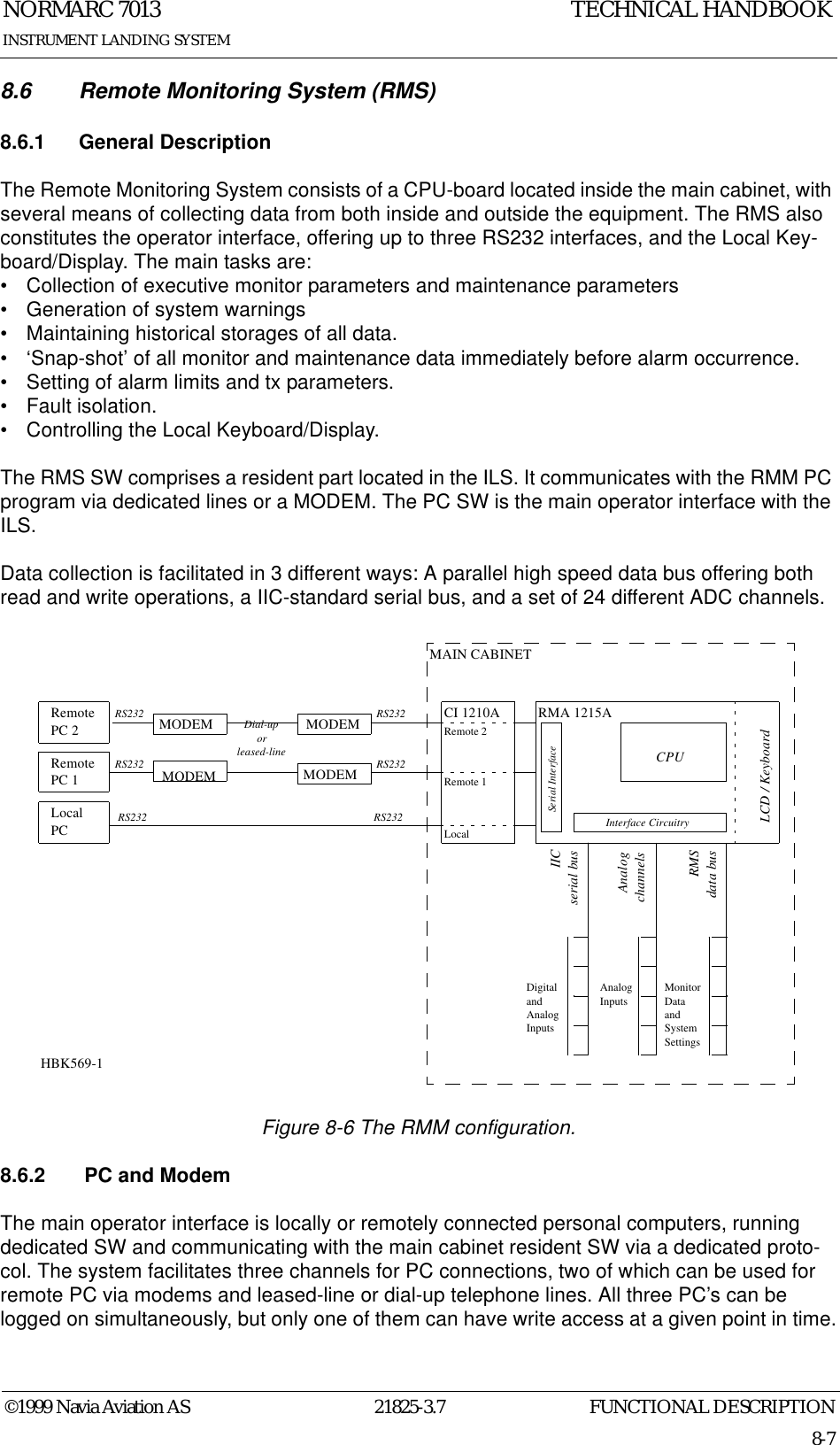 FUNCTIONAL DESCRIPTIONNORMARC 701321825-3.78-7©1999 Navia Aviation ASINSTRUMENT LANDING SYSTEMTECHNICAL HANDBOOK8.6 Remote Monitoring System (RMS)8.6.1 General DescriptionThe Remote Monitoring System consists of a CPU-board located inside the main cabinet, with several means of collecting data from both inside and outside the equipment. The RMS also constitutes the operator interface, offering up to three RS232 interfaces, and the Local Key-board/Display. The main tasks are:• Collection of executive monitor parameters and maintenance parameters• Generation of system warnings• Maintaining historical storages of all data.• ‘Snap-shot’ of all monitor and maintenance data immediately before alarm occurrence.• Setting of alarm limits and tx parameters.• Fault isolation.• Controlling the Local Keyboard/Display.The RMS SW comprises a resident part located in the ILS. It communicates with the RMM PC program via dedicated lines or a MODEM. The PC SW is the main operator interface with the ILS.Data collection is facilitated in 3 different ways: A parallel high speed data bus offering both read and write operations, a IIC-standard serial bus, and a set of 24 different ADC channels.Figure 8-6 The RMM configuration.8.6.2  PC and ModemThe main operator interface is locally or remotely connected personal computers, running dedicated SW and communicating with the main cabinet resident SW via a dedicated proto-col. The system facilitates three channels for PC connections, two of which can be used for remote PC via modems and leased-line or dial-up telephone lines. All three PC’s can be logged on simultaneously, but only one of them can have write access at a given point in time.RMA 1215ARemotePC 2RemotePC 1LocalPCRS232RS232RS232 RS232RS232RS232Dial-uporleased-lineIICserial busAnalogchannelsRMSdata busCI 1210ALocalRemote 1Remote 2Serial InterfaceInterface CircuitryLCD / KeyboardCPUMAIN CABINETMODEMMODEMMODEMMODEMDigitalandAnalogInputsAnalogInputsMonitorDataandSystemSettingsHBK569-1