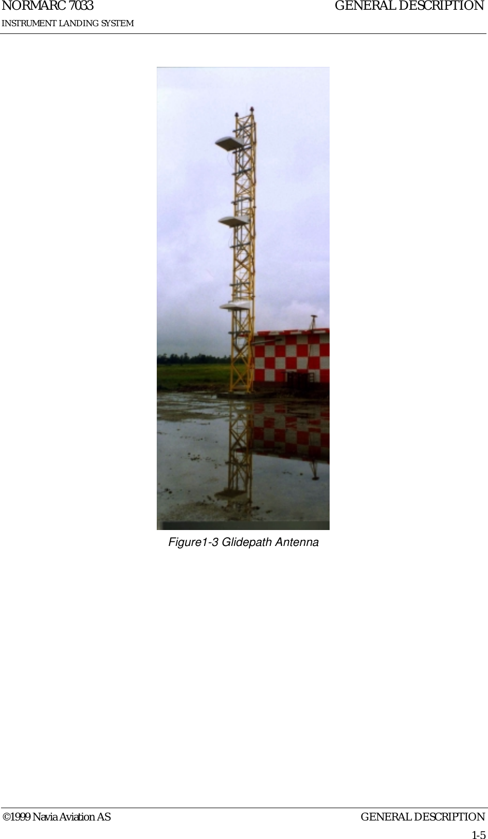 GENERAL DESCRIPTIONNORMARC 70331-5©1999 Navia Aviation ASINSTRUMENT LANDING SYSTEMGENERAL DESCRIPTIONFigure1-3 Glidepath Antenna