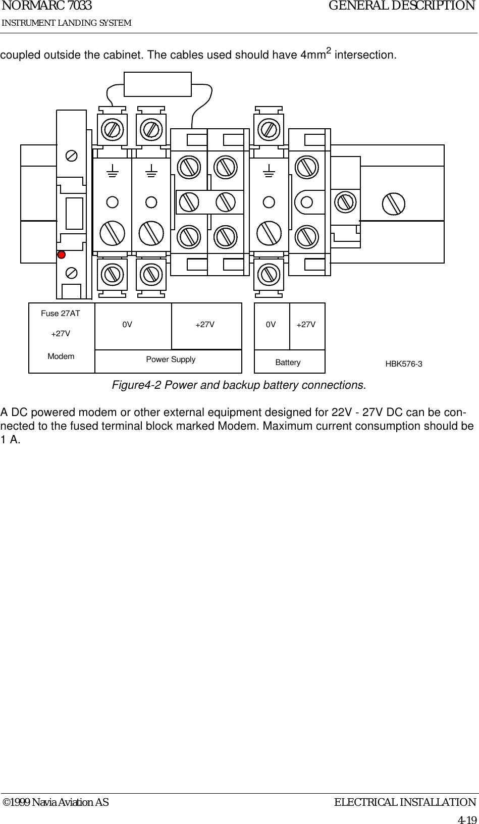 ELECTRICAL INSTALLATIONNORMARC 70334-19©1999 Navia Aviation ASINSTRUMENT LANDING SYSTEMGENERAL DESCRIPTIONcoupled outside the cabinet. The cables used should have 4mm2 intersection.Figure4-2 Power and backup battery connections.A DC powered modem or other external equipment designed for 22V - 27V DC can be con-nected to the fused terminal block marked Modem. Maximum current consumption should be 1 A.Battery0V +27VPower Supply0V +27VHBK576-3Fuse 27AT+27VModem