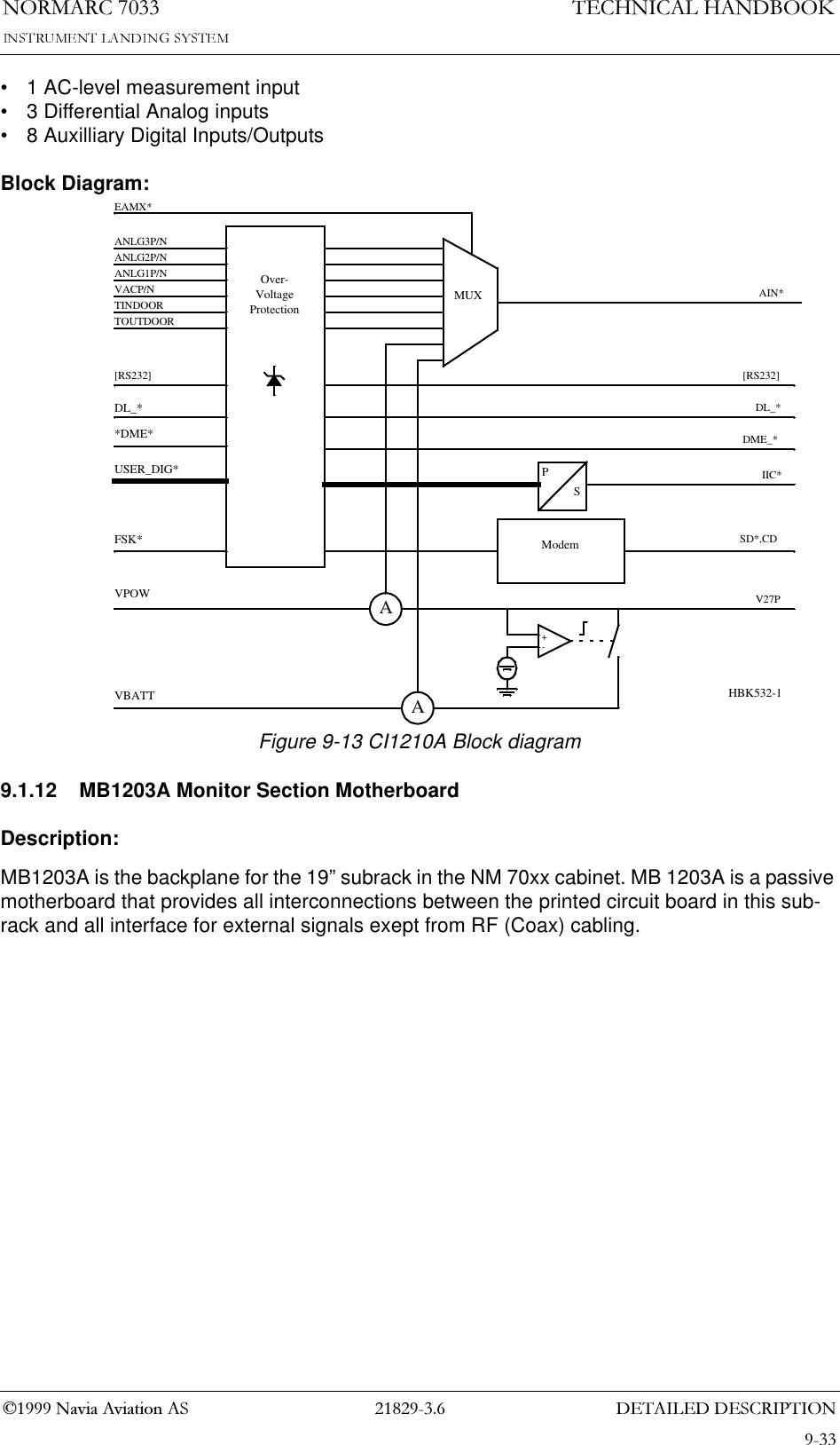 &apos;(7$,/(&apos;&apos;(6&amp;5,37,211250$5&amp;7(&amp;+1,&amp;$/+$1&apos;%22.1DYLD$YLDWLRQ$6• 1 AC-level measurement input• 3 Differential Analog inputs• 8 Auxilliary Digital Inputs/OutputsBlock Diagram:Figure 9-13 CI1210A Block diagram9.1.12 MB1203A Monitor Section MotherboardDescription:MB1203A is the backplane for the 19” subrack in the NM 70xx cabinet. MB 1203A is a passive motherboard that provides all interconnections between the printed circuit board in this sub-rack and all interface for external signals exept from RF (Coax) cabling.+-AAPSModemMUXTOUTDOORTINDOORVACP/NANLG3P/NANLG2P/NANLG1P/NEAMX*AIN*USER_DIG*FSK*SD*,CDVPOWVBATTV27PIIC*[RS232]DL_*[RS232]DL_*Over-VoltageProtection*DME*DME_*HBK532-1