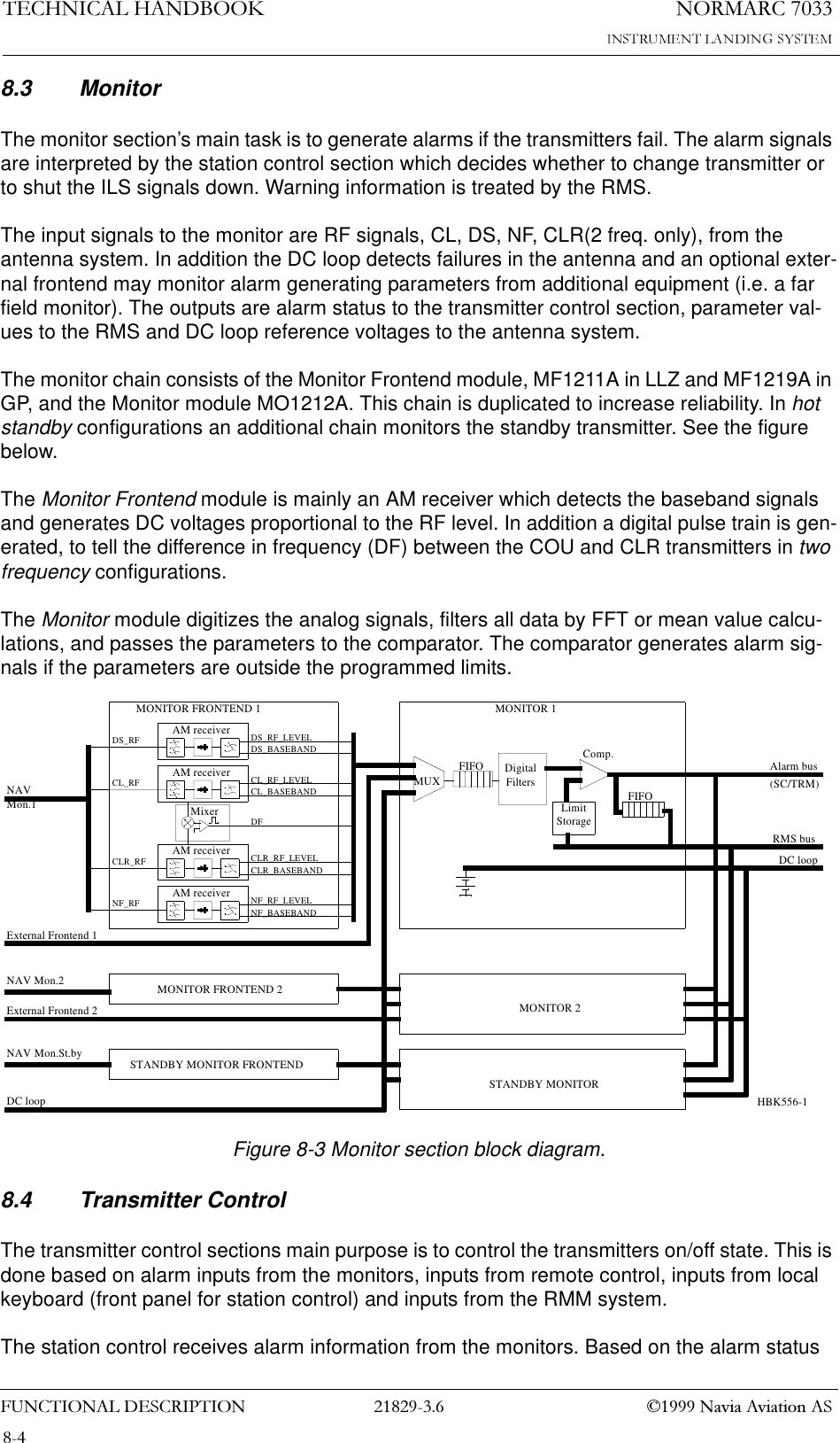 1250$5&amp;7(&amp;+1,&amp;$/+$1&apos;%22.)81&amp;7,21$/&apos;(6&amp;5,37,21  1DYLD$YLDWLRQ$68.3 MonitorThe monitor section’s main task is to generate alarms if the transmitters fail. The alarm signals are interpreted by the station control section which decides whether to change transmitter or to shut the ILS signals down. Warning information is treated by the RMS.The input signals to the monitor are RF signals, CL, DS, NF, CLR(2 freq. only), from the antenna system. In addition the DC loop detects failures in the antenna and an optional exter-nal frontend may monitor alarm generating parameters from additional equipment (i.e. a far field monitor). The outputs are alarm status to the transmitter control section, parameter val-ues to the RMS and DC loop reference voltages to the antenna system.The monitor chain consists of the Monitor Frontend module, MF1211A in LLZ and MF1219A in GP, and the Monitor module MO1212A. This chain is duplicated to increase reliability. In hot standby configurations an additional chain monitors the standby transmitter. See the figure below.The Monitor Frontend module is mainly an AM receiver which detects the baseband signals and generates DC voltages proportional to the RF level. In addition a digital pulse train is gen-erated, to tell the difference in frequency (DF) between the COU and CLR transmitters in two frequency configurations.The Monitor module digitizes the analog signals, filters all data by FFT or mean value calcu-lations, and passes the parameters to the comparator. The comparator generates alarm sig-nals if the parameters are outside the programmed limits.Figure 8-3 Monitor section block diagram.8.4 Transmitter ControlThe transmitter control sections main purpose is to control the transmitters on/off state. This is done based on alarm inputs from the monitors, inputs from remote control, inputs from local keyboard (front panel for station control) and inputs from the RMM system.The station control receives alarm information from the monitors. Based on the alarm status DS_RFExternal Frontend 1DC loopFIFOMUX DigitalFiltersComp. Alarm busRMS busDC loopExternal Frontend 2NAVMon.1NAV Mon.2NAV Mon.St.byAM receiverCL_RFAM receiverCLR_RFAM receiverNF_RFAM receiverMixerFIFOLimitStorageMONITOR FRONTEND 1 MONITOR 1MONITOR FRONTEND 2STANDBY MONITOR FRONTENDMONITOR 2STANDBY MONITORDS_RF_LEVELDS_BASEBANDCL_RF_LEVELCL_BASEBANDDFCLR_RF_LEVELCLR_BASEBANDNF_RF_LEVELNF_BASEBAND(SC/TRM)HBK556-1