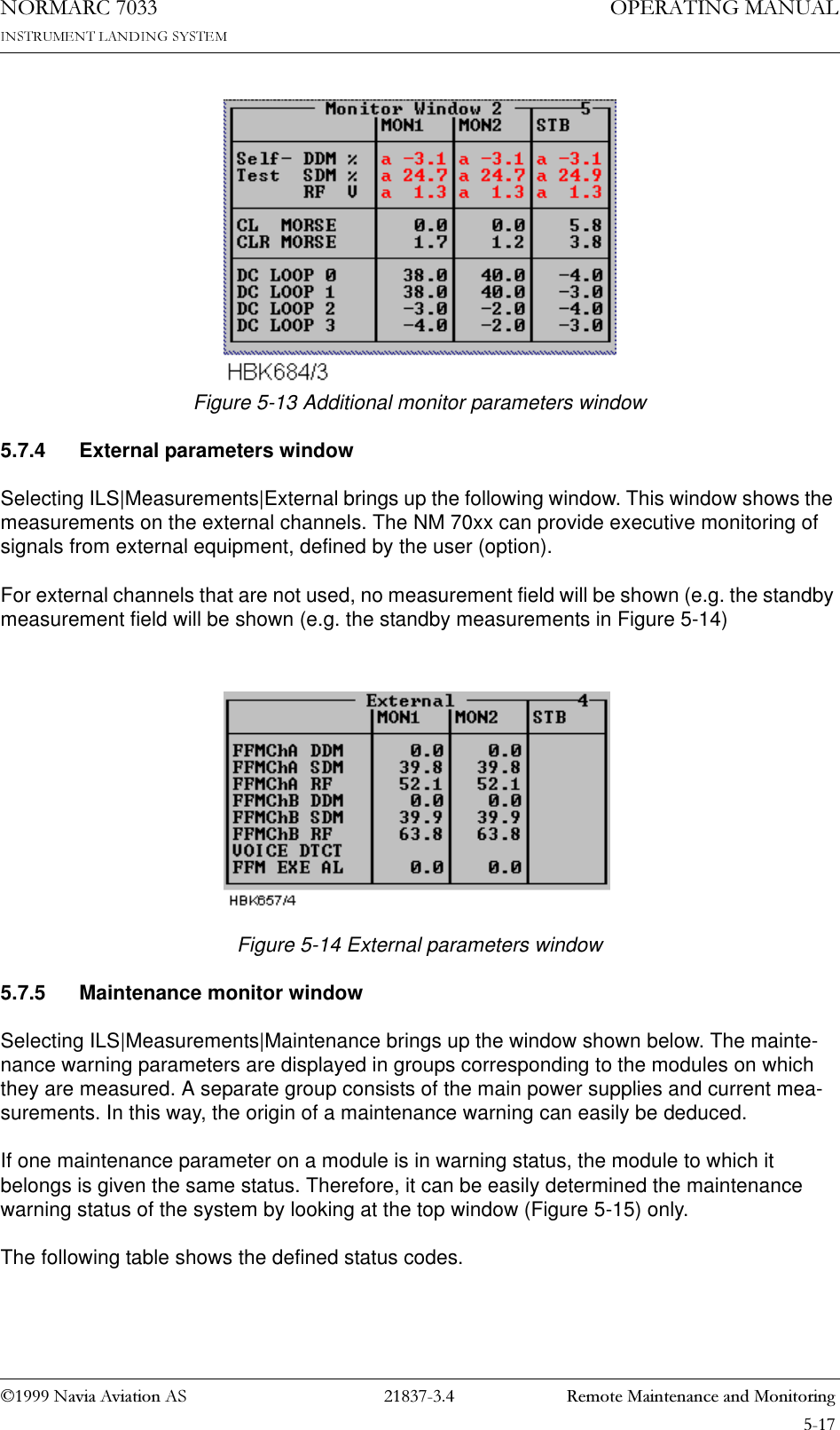 1DYLD$YLDWLRQ$6  5HPRWH0DLQWHQDQFHDQG0RQLWRULQJ23(5$7,1*0$18$/1250$5&amp; Figure 5-13 Additional monitor parameters window5.7.4 External parameters windowSelecting ILS|Measurements|External brings up the following window. This window shows the measurements on the external channels. The NM 70xx can provide executive monitoring of signals from external equipment, defined by the user (option).For external channels that are not used, no measurement field will be shown (e.g. the standby measurement field will be shown (e.g. the standby measurements in Figure 5-14)Figure 5-14 External parameters window5.7.5 Maintenance monitor windowSelecting ILS|Measurements|Maintenance brings up the window shown below. The mainte-nance warning parameters are displayed in groups corresponding to the modules on which they are measured. A separate group consists of the main power supplies and current mea-surements. In this way, the origin of a maintenance warning can easily be deduced.If one maintenance parameter on a module is in warning status, the module to which it belongs is given the same status. Therefore, it can be easily determined the maintenance warning status of the system by looking at the top window (Figure 5-15) only. The following table shows the defined status codes.