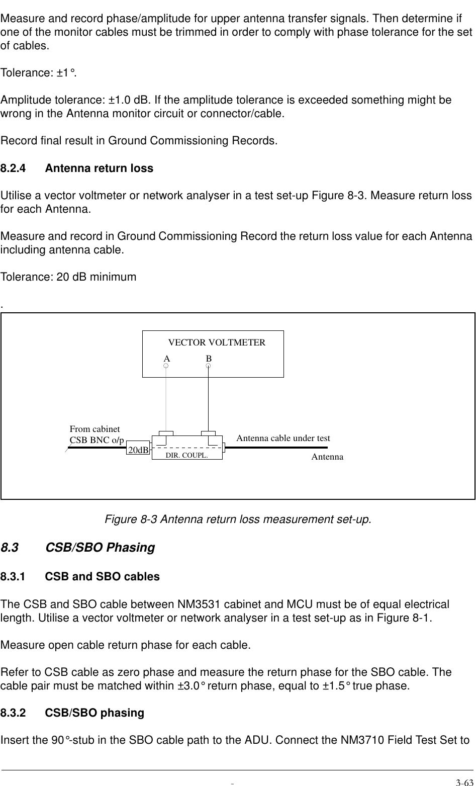  Measure and record phase/amplitude for upper antenna transfer signals. Then determine if one of the monitor cables must be trimmed in order to comply with phase tolerance for the set of cables.Tolerance: ±1°.Amplitude tolerance: ±1.0 dB. If the amplitude tolerance is exceeded something might be wrong in the Antenna monitor circuit or connector/cable.Record final result in Ground Commissioning Records.8.2.4 Antenna return lossUtilise a vector voltmeter or network analyser in a test set-up Figure 8-3. Measure return loss for each Antenna.Measure and record in Ground Commissioning Record the return loss value for each Antenna including antenna cable.Tolerance: 20 dB minimum.Figure 8-3 Antenna return loss measurement set-up.8.3 CSB/SBO Phasing8.3.1 CSB and SBO cablesThe CSB and SBO cable between NM3531 cabinet and MCU must be of equal electrical length. Utilise a vector voltmeter or network analyser in a test set-up as in Figure 8-1.Measure open cable return phase for each cable.Refer to CSB cable as zero phase and measure the return phase for the SBO cable. The cable pair must be matched within ±3.0° return phase, equal to ±1.5° true phase.8.3.2 CSB/SBO phasingInsert the 90°-stub in the SBO cable path to the ADU. Connect the NM3710 Field Test Set to 20dBABVECTOR VOLTMETERFrom cabinetCSB BNC o/pDIR. COUPL.Antenna cable under testAntenna