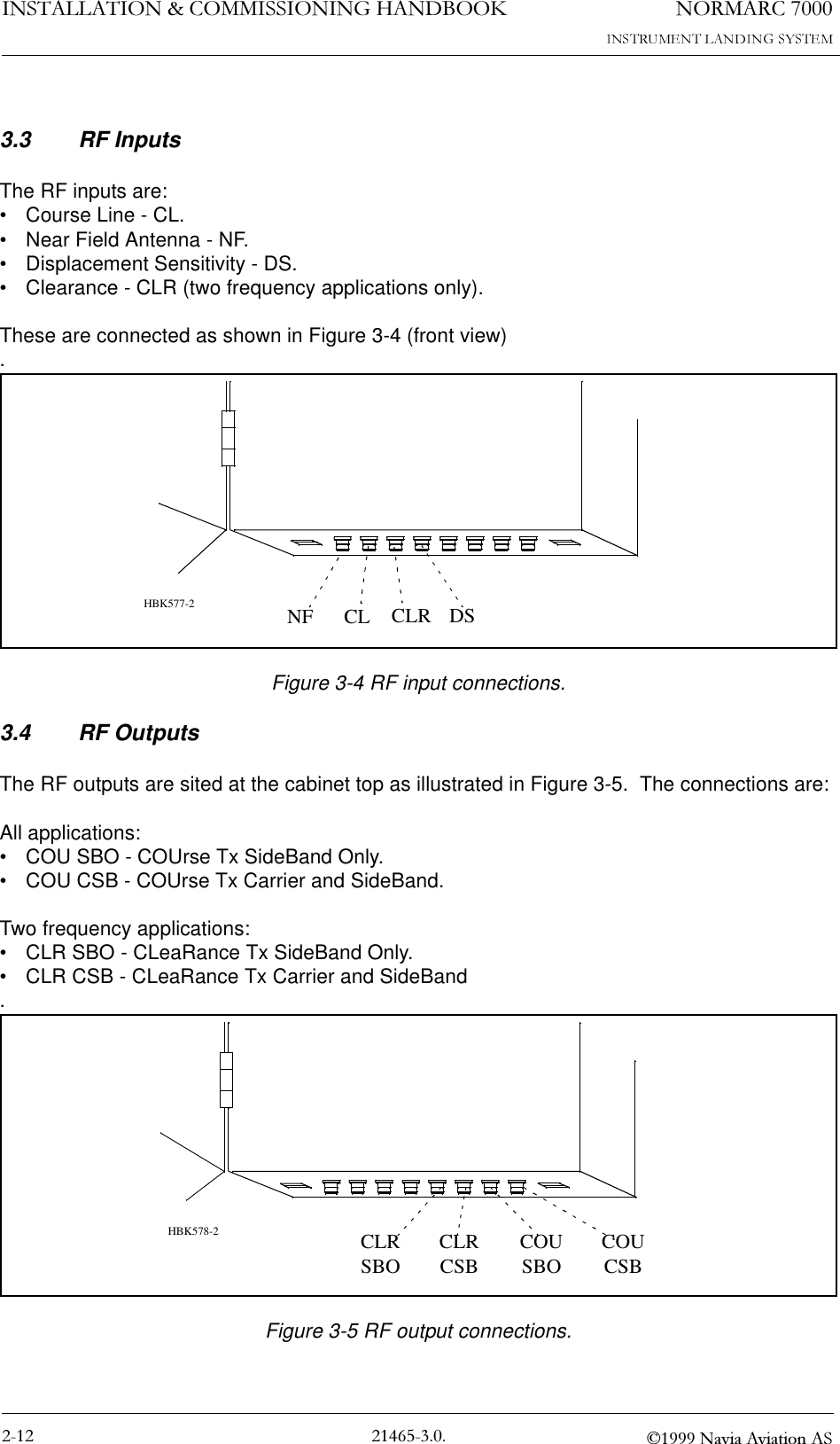1250$5&amp;,167$//$7,21&amp;200,66,21,1*+$1&apos;%22. 1DYLD$YLDWLRQ$63.3 RF InputsThe RF inputs are:• Course Line - CL.• Near Field Antenna - NF.• Displacement Sensitivity - DS.• Clearance - CLR (two frequency applications only).These are connected as shown in Figure 3-4 (front view).Figure 3-4 RF input connections.3.4 RF OutputsThe RF outputs are sited at the cabinet top as illustrated in Figure 3-5.  The connections are:All applications:• COU SBO - COUrse Tx SideBand Only.• COU CSB - COUrse Tx Carrier and SideBand.Two frequency applications:• CLR SBO - CLeaRance Tx SideBand Only.• CLR CSB - CLeaRance Tx Carrier and SideBand.Figure 3-5 RF output connections.NF CL CLR DSHBK577-2COUCSBCOUSBOCLRCSBCLRSBOHBK578-2