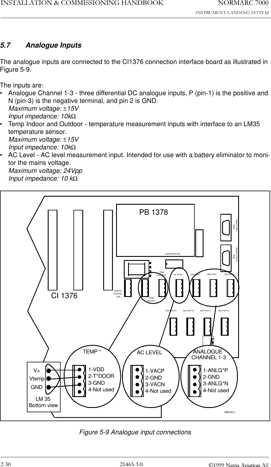 1250$5&amp;,167$//$7,21&amp;200,66,21,1*+$1&apos;%22. 1DYLD$YLDWLRQ$65.7 Analogue InputsThe analogue inputs are connected to the CI1376 connection interface board as illustrated in Figure 5-9.The inputs are:• Analogue Channel 1-3 - three differential DC analogue inputs, P (pin-1) is the positive and N (pin-3) is the negative terminal, and pin 2 is GND.Maximum voltage: ±15VInput impedance: 10kΩ• Temp Indoor and Outdoor - temperature measurement inputs with interface to an LM35 temperature sensor.Maximum voltage: ±15VInput impedance: 10kΩ• AC Level - AC level measurement input. Intended for use with a battery eliminator to moni-tor the mains voltage.Maximum voltage: 24VppInput impedance: 10 kΩFigure 5-9 Analogue input connectionsCI 1376PB 1378REMOTECONTROLLINETEMPOUTDOORTEMPINDOORAC LEVEL ANA CHA1 ANA CHA2 ANA CHA3REMOTE RMMRS232REMOTE CONTOLRS232CONFIGURATIONDIG PORT A DIG PORT B DIG PORT C DIG PORT D1-ANLG*P2-GND3-ANLG*N4-Not usedANALOGUECHANNEL 1-31-VACP2-GND3-VACN4-Not usedAC LEVEL1-VDD2-T*DOOR3-GND4-Not usedTEMP *V+VtempGNDLM 35Bottom viewHBK791/1