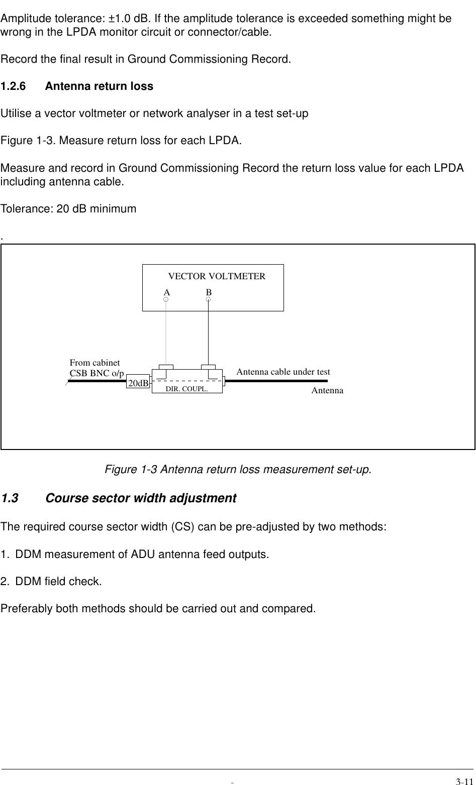  Amplitude tolerance: ±1.0 dB. If the amplitude tolerance is exceeded something might be wrong in the LPDA monitor circuit or connector/cable.Record the final result in Ground Commissioning Record.1.2.6 Antenna return lossUtilise a vector voltmeter or network analyser in a test set-up Figure 1-3. Measure return loss for each LPDA.Measure and record in Ground Commissioning Record the return loss value for each LPDA including antenna cable.Tolerance: 20 dB minimum.Figure 1-3 Antenna return loss measurement set-up.1.3 Course sector width adjustmentThe required course sector width (CS) can be pre-adjusted by two methods:1. DDM measurement of ADU antenna feed outputs.2. DDM field check.Preferably both methods should be carried out and compared.20dBABVECTOR VOLTMETERFrom cabinetCSB BNC o/pDIR. COUPL.Antenna cable under testAntenna