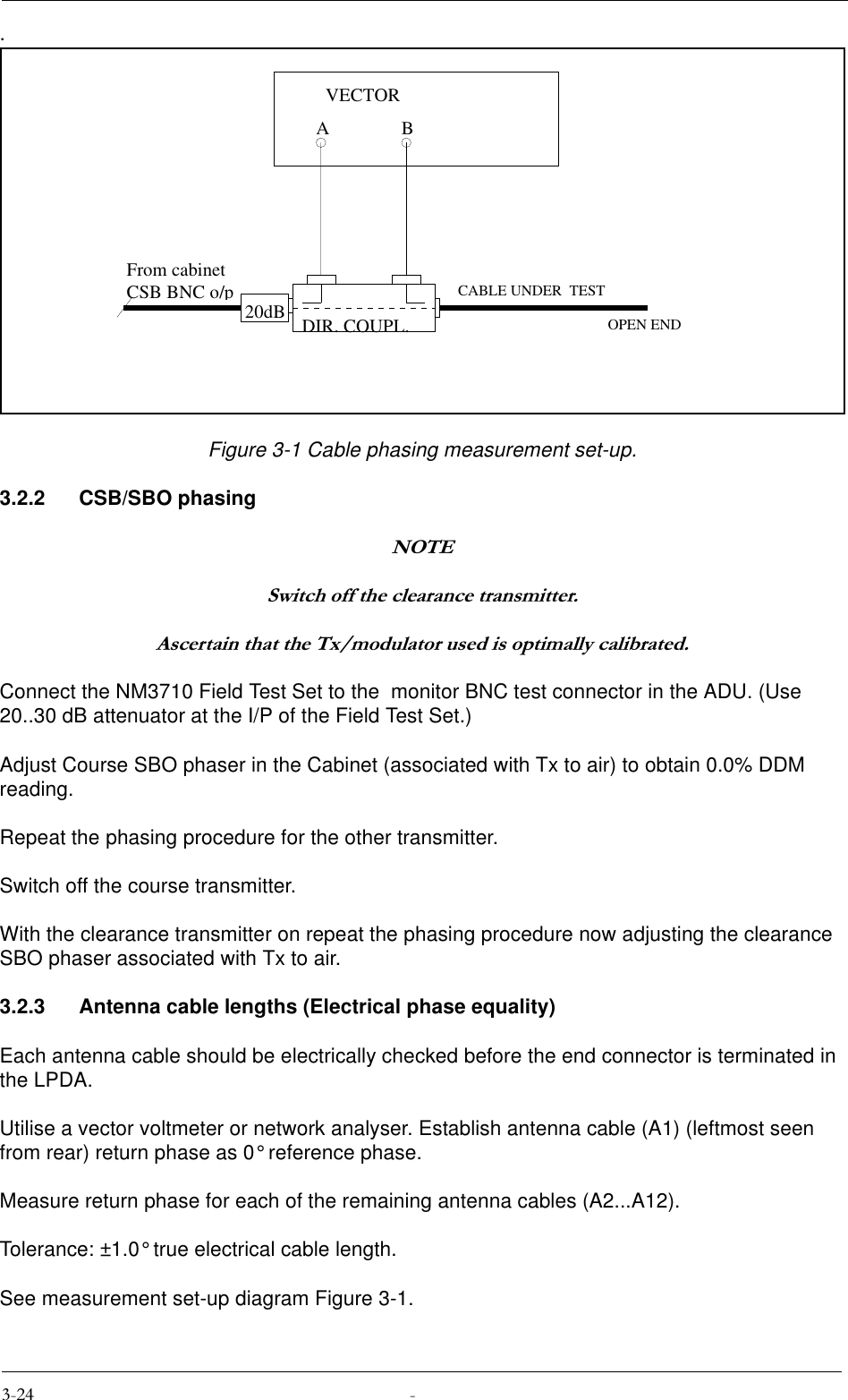 .Figure 3-1 Cable phasing measurement set-up.3.2.2 CSB/SBO phasing127(6ZLWFKRIIWKHFOHDUDQFHWUDQVPLWWHU$VFHUWDLQWKDWWKH7[PRGXODWRUXVHGLVRSWLPDOO\FDOLEUDWHGConnect the NM3710 Field Test Set to the  monitor BNC test connector in the ADU. (Use 20..30 dB attenuator at the I/P of the Field Test Set.)Adjust Course SBO phaser in the Cabinet (associated with Tx to air) to obtain 0.0% DDM reading.Repeat the phasing procedure for the other transmitter.Switch off the course transmitter.With the clearance transmitter on repeat the phasing procedure now adjusting the clearance SBO phaser associated with Tx to air. 3.2.3 Antenna cable lengths (Electrical phase equality)Each antenna cable should be electrically checked before the end connector is terminated in the LPDA.Utilise a vector voltmeter or network analyser. Establish antenna cable (A1) (leftmost seen from rear) return phase as 0° reference phase.Measure return phase for each of the remaining antenna cables (A2...A12).Tolerance: ±1.0° true electrical cable length. See measurement set-up diagram Figure 3-1.20dBABVECTORFrom cabinetCSB BNC o/pCABLE UNDER  TESTOPEN ENDDIR. COUPL.