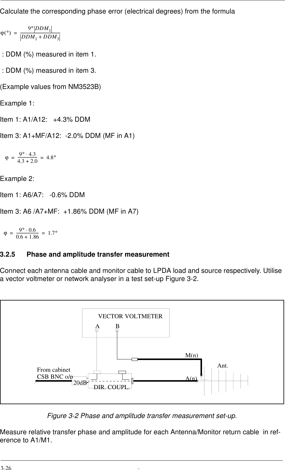 Calculate the corresponding phase error (electrical degrees) from the formula : DDM (%) measured in item 1. : DDM (%) measured in item 3.(Example values from NM3523B)Example 1:Item 1: A1/A12:   +4.3% DDMItem 3: A1+MF/A12:  -2.0% DDM (MF in A1)Example 2:Item 1: A6/A7:   -0.6% DDMItem 3: A6 /A7+MF:  +1.86% DDM (MF in A7)3.2.5 Phase and amplitude transfer measurementConnect each antenna cable and monitor cable to LPDA load and source respectively. Utilise a vector voltmeter or network analyser in a test set-up Figure 3-2.Figure 3-2 Phase and amplitude transfer measurement set-up.Measure relative transfer phase and amplitude for each Antenna/Monitor return cable  in ref-erence to A1/M1.ϕ°() 9°DDM1DDM1DDM3+-------------------------------------------=ϕ9°4.3⋅4.3 2.0+---------------------4.8°==ϕ9°0.6⋅0.6 1.86+------------------------1.7°==20dBABVECTOR VOLTMETERA(n)M(n)From cabinetCSB BNC o/pAnt.DIR. COUPL.