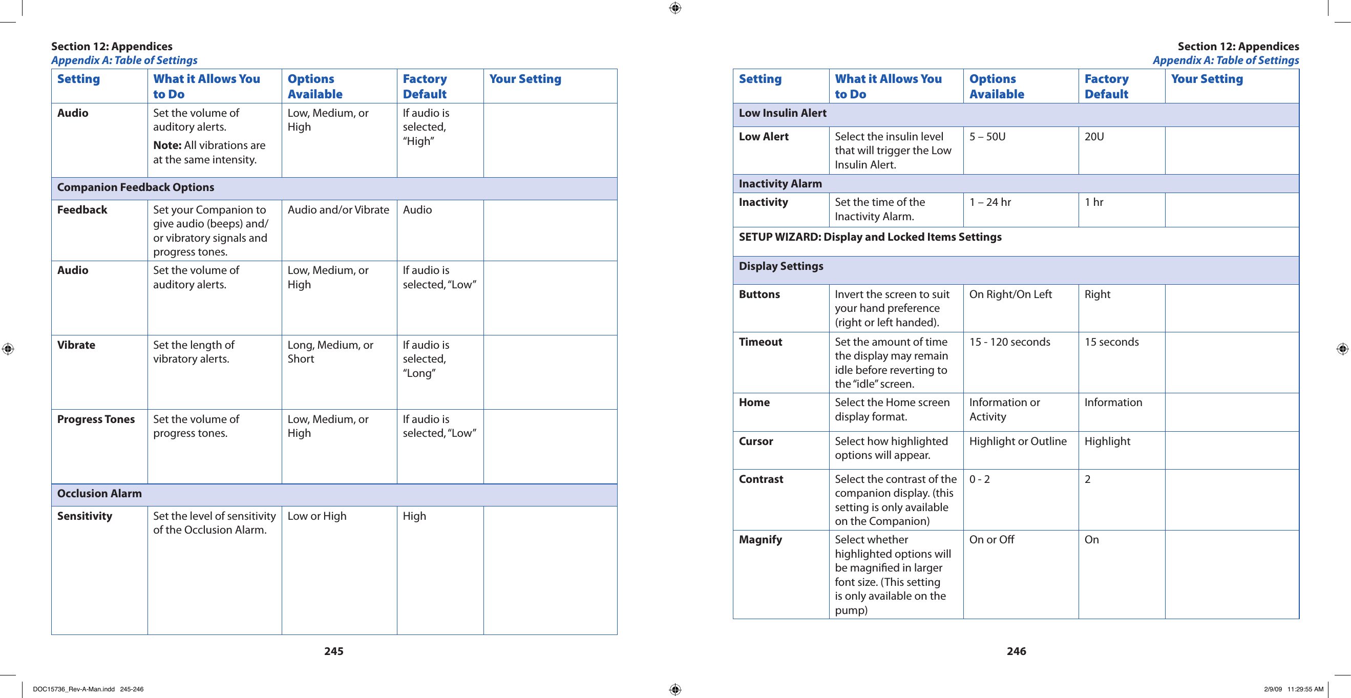 245246Setting What it Allows You to DoOptions AvailableFactory DefaultYour SettingAudio Set the volume of auditory alerts.Note: All vibrations are at the same intensity.Low, Medium, or HighIf audio is selected, “High”Companion Feedback OptionsFeedback Set your Companion to give audio (beeps) and/or vibratory signals and progress tones.Audio and/or Vibrate AudioAudio Set the volume of auditory alerts.Low, Medium, or HighIf audio is selected, “Low”Vibrate Set the length of vibratory alerts.Long, Medium, or ShortIf audio is selected, “Long”Progress Tones Set the volume of progress tones.Low, Medium, or HighIf audio is selected, “Low”Occlusion AlarmSensitivity Set the level of sensitivity of the Occlusion Alarm.Low or High HighSetting What it Allows You to DoOptions AvailableFactory DefaultYour SettingLow Insulin AlertLow Alert Select the insulin level that will trigger the Low Insulin Alert.5 – 50U 20UInactivity AlarmInactivity Set the time of the Inactivity Alarm.1 – 24 hr 1 hrSETUP WIZARD: Display and Locked Items SettingsDisplay SettingsButtons Invert the screen to suit your hand preference (right or left handed).On Right/On Left RightTimeout Set the amount of time the display may remain idle before reverting to the “idle” screen.15 - 120 seconds 15 secondsHome Select the Home screen display format.Information or ActivityInformationCursor Select how highlighted options will appear.Highlight or Outline HighlightContrast Select the contrast of the companion display. (this setting is only available on the Companion)0 - 2 2Magnify Select whether highlighted options will be magnied in larger font size. (This setting is only available on the pump)On or O OnSection 12: AppendicesAppendix A: Table of SettingsSection 12: AppendicesAppendix A: Table of SettingsDOC15736_Rev-A-Man.indd   245-246 2/9/09   11:29:55 AM