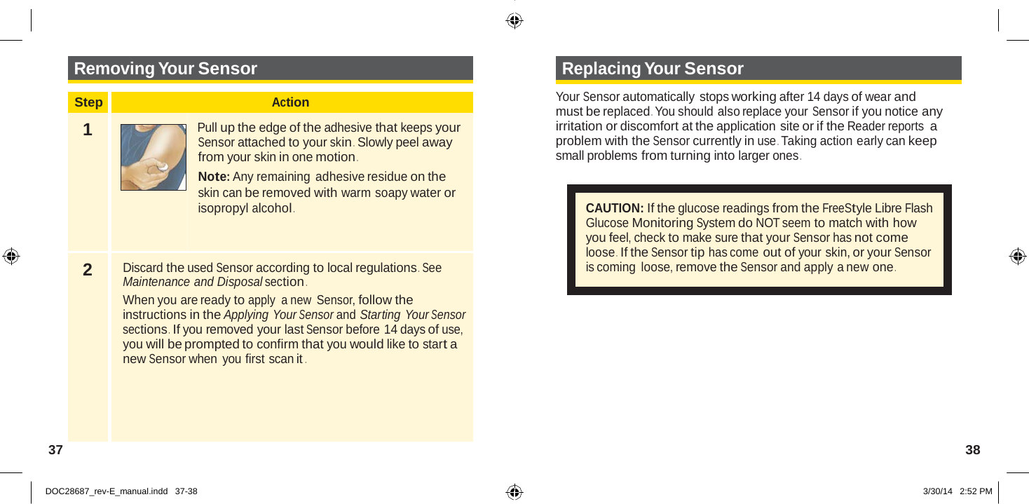   Removing Your Sensor  Step Action  1  Pull up the edge of the adhesive that keeps your Sensor attached to your skin .  Slowly peel away from your skin in one motion . Note: Any remaining adhesive residue on the skin can be removed with warm soapy water or isopropyl alcohol .    2  Discard the used Sensor according to local regulations .  See Maintenance and Disposal section . When you are ready to apply  a new  Sensor, follow the instructions in the Applying Your Sensor and Starting Your Sensor sections .  If you removed your last Sensor before 14 days of use, you will be prompted to confirm that you would like to start a new Sensor when you first scan it . Replacing Your Sensor  Your Sensor automatically stops working after 14 days of wear and must be replaced . You should also replace your Sensor if you notice any irritation or discomfort at the application site or if the Reader reports a problem with the Sensor currently in use . Taking action early can keep small problems from turning into larger ones .    CAUTION: If the glucose readings from the FreeStyle Libre Flash Glucose Monitoring System do NOT seem to match with how you feel, check to make sure that your Sensor has not come loose .  If the Sensor tip has come out of your skin, or your Sensor is coming loose, remove the Sensor and apply a new one .      37  38   DOC28687_rev-E_manual.indd   37-38 3/30/14   2:52 PM 