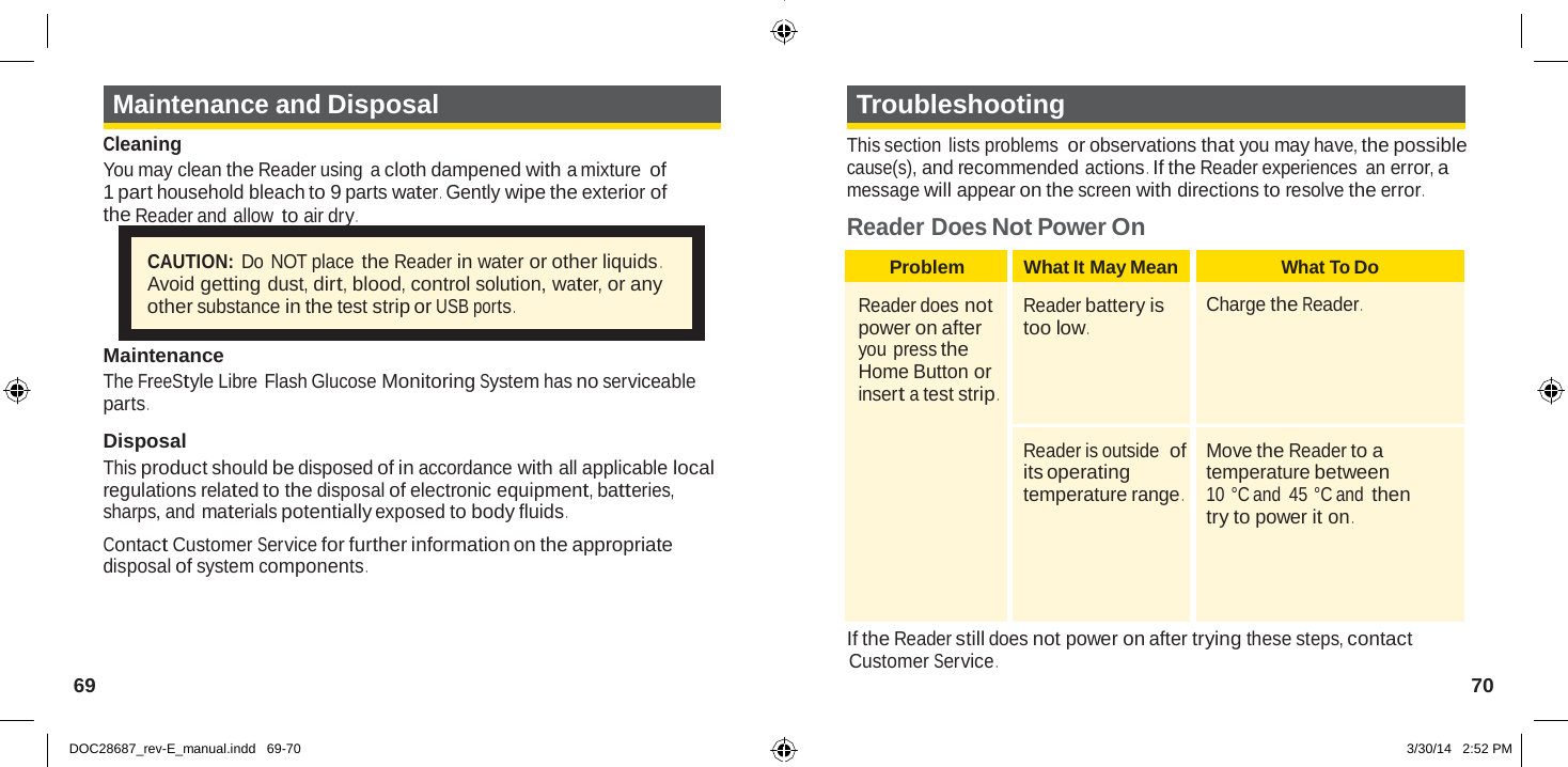  Problem What It May Mean What To Do  Reader does not power on after you press the Home Button or insert a test strip .  Reader battery is too low . Charge the Reader .  Reader is outside  of its operating temperature range .  Move the Reader to a temperature between 10 °C and 45 °C and then try to power it on .   Maintenance and Disposal  Cleaning You may clean the Reader using  a cloth dampened with a mixture of 1 part household bleach to 9 parts water .  Gently wipe the exterior of the Reader and allow to air dry .  CAUTION: Do NOT place the Reader in water or other liquids . Avoid getting dust, dirt, blood, control solution, water, or any other substance in the test strip or USB ports .  Maintenance The FreeStyle Libre Flash Glucose Monitoring System has no serviceable parts .  Disposal This product should be disposed of in accordance with all applicable local regulations related to the disposal of electronic equipment, batteries, sharps, and materials potentially exposed to body fluids . Contact Customer Service for further information on the appropriate disposal of system components . Troubleshooting  This section lists problems or observations that you may have, the possible cause(s), and recommended actions .  If the Reader experiences an error, a message will appear on the screen with directions to resolve the error .  Reader Does Not Power On   If the Reader still does not power on after trying these steps, contact Customer Service . 69  70   DOC28687_rev-E_manual.indd   69-70 3/30/14   2:52 PM 