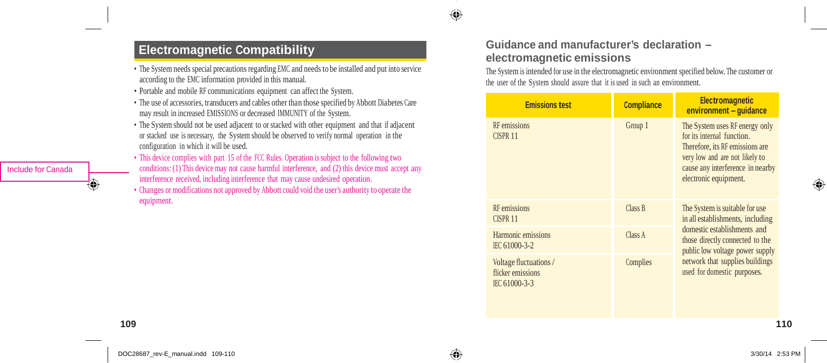   Emissions test  Compliance Electromagnetic environment – guidance RF emissions CISPR 11 Group 1 The System uses RF energy only for its internal function. Therefore, its RF emissions are very low and  are not likely to cause any interference in nearby electronic equipment. RF emissions CISPR 11 Class B The System is suitable for use  in all establishments, including domestic establishments and those directly connected to the public low voltage power supply network that supplies buildings used for domestic purposes. Harmonic emissions IEC 61000-3-2 Class A Voltage fluctuations /  flicker emissions IEC 61000-3-3 Complies               Include for Canada  Electromagnetic Compatibility  •  The System needs special precautions regarding EMC and needs to be installed and put into service  according to the EMC information provided in this manual. • Portable and mobile RF communications equipment  can affect the System. •  The use of accessories, transducers and cables other than those specified by Abbott Diabetes Care  may result in increased EMISSIONS or decreased IMMUNITY of the System. • The System should not be used adjacent to or stacked with other equipment  and that if adjacent or stacked  use is necessary,  the System should be observed to verify normal operation  in the configuration  in which it will be used. •  This device complies with part  15 of the FCC Rules. Operation is subject to the following two conditions: (1) This device may not cause harmful interference,  and (2) this device must accept any interference received, including interference that may cause undesired operation. •  Changes or modifications not approved by Abbott could void the user’s authority to operate the  equipment. Guidance and manufacturer’s declaration – electromagnetic emissions The System is intended for use in the electromagnetic environment specified below. The customer or  the user of the System should assure that  it is used in such an environment.            109  110   DOC28687_rev-E_manual.indd   109-110 3/30/14   2:53 PM 