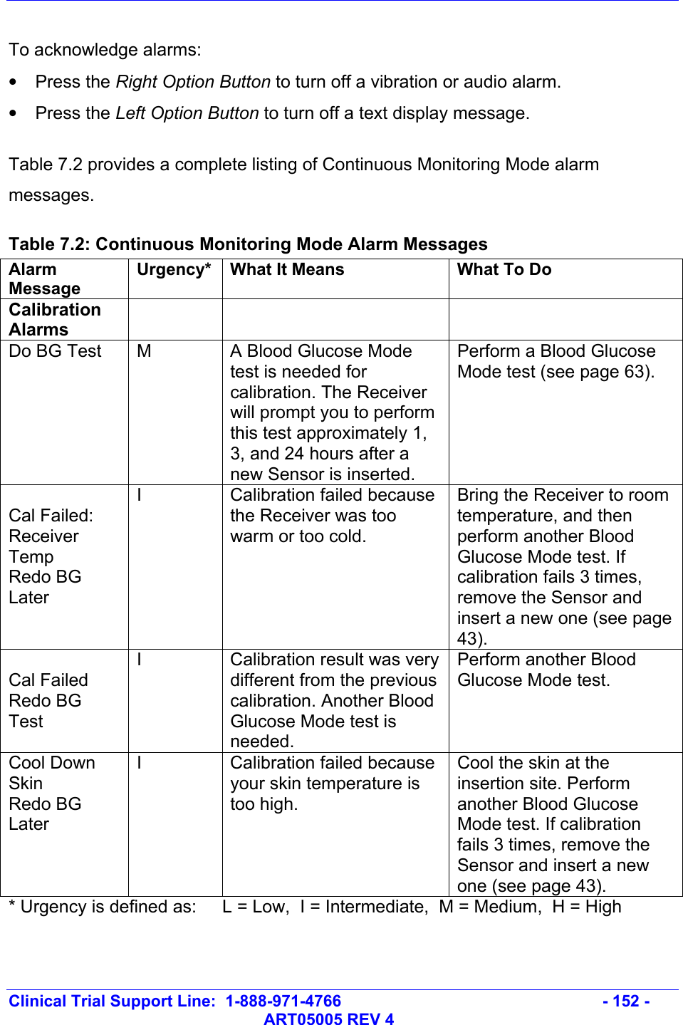   Clinical Trial Support Line:  1-888-971-4766   - 152 -   ART05005 REV 4  To acknowledge alarms: • Press the Right Option Button to turn off a vibration or audio alarm. • Press the Left Option Button to turn off a text display message.  Table 7.2 provides a complete listing of Continuous Monitoring Mode alarm messages.  Table 7.2: Continuous Monitoring Mode Alarm Messages Alarm Message Urgency*  What It Means  What To Do Calibration Alarms     Do BG Test  M  A Blood Glucose Mode test is needed for calibration. The Receiver will prompt you to perform this test approximately 1, 3, and 24 hours after a new Sensor is inserted. Perform a Blood Glucose Mode test (see page 63).  Cal Failed: Receiver Temp Redo BG Later I Calibration failed because the Receiver was too warm or too cold. Bring the Receiver to room temperature, and then perform another Blood Glucose Mode test. If calibration fails 3 times, remove the Sensor and insert a new one (see page 43).  Cal Failed Redo BG Test I  Calibration result was very different from the previous calibration. Another Blood Glucose Mode test is needed. Perform another Blood Glucose Mode test. Cool Down Skin Redo BG Later I Calibration failed because your skin temperature is too high. Cool the skin at the insertion site. Perform another Blood Glucose Mode test. If calibration fails 3 times, remove the Sensor and insert a new one (see page 43). * Urgency is defined as:  L = Low,  I = Intermediate,  M = Medium,  H = High  