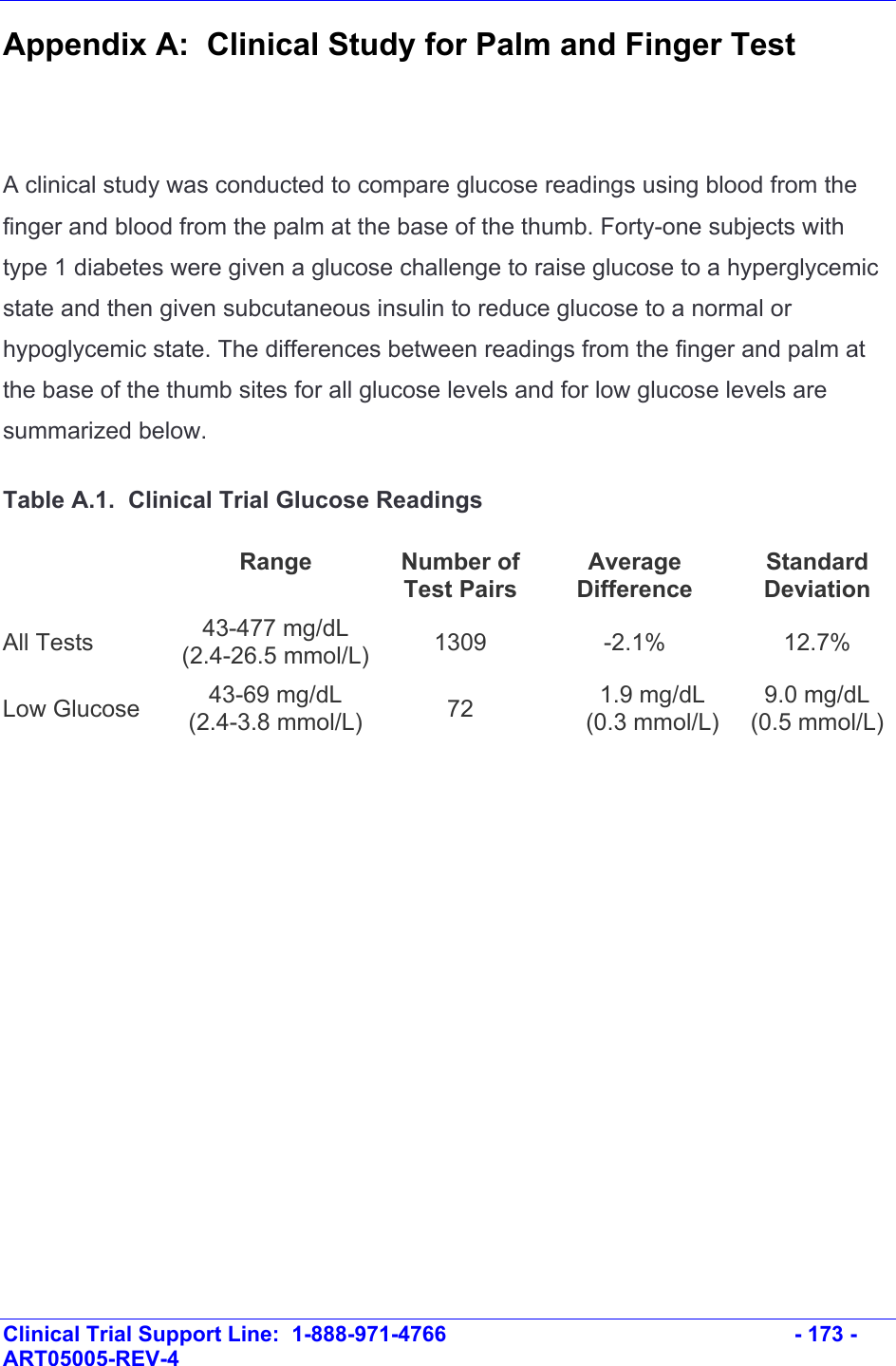    Clinical Trial Support Line:  1-888-971-4766   - 173 - ART05005-REV-4   Appendix A:  Clinical Study for Palm and Finger Test  A clinical study was conducted to compare glucose readings using blood from the finger and blood from the palm at the base of the thumb. Forty-one subjects with type 1 diabetes were given a glucose challenge to raise glucose to a hyperglycemic state and then given subcutaneous insulin to reduce glucose to a normal or hypoglycemic state. The differences between readings from the finger and palm at the base of the thumb sites for all glucose levels and for low glucose levels are summarized below. Table A.1.  Clinical Trial Glucose Readings    Range  Number ofTest Pairs Average Difference Standard Deviation All Tests 43-477 mg/dL (2.4-26.5 mmol/L) 1309 -2.1% 12.7% Low Glucose 43-69 mg/dL (2.4-3.8 mmol/L) 72 1.9 mg/dL (0.3 mmol/L) 9.0 mg/dL  (0.5 mmol/L)   