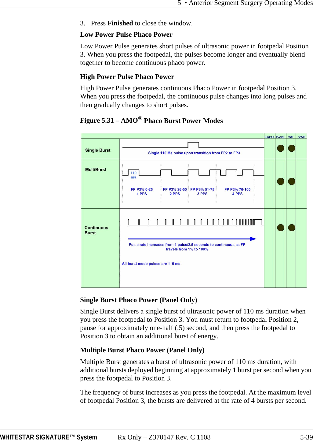 5 • Anterior Segment Surgery Operating ModesWHITESTAR SIGNATURE™ System Rx Only – Z370147 Rev. C 1108 5-393. Press Finished to close the window.Low Power Pulse Phaco PowerLow Power Pulse generates short pulses of ultrasonic power in footpedal Position 3. When you press the footpedal, the pulses become longer and eventually blend together to become continuous phaco power. High Power Pulse Phaco PowerHigh Power Pulse generates continuous Phaco Power in footpedal Position 3. When you press the footpedal, the continuous pulse changes into long pulses and then gradually changes to short pulses.Figure 5.31 – AMO® Phaco Burst Power ModesSingle Burst Phaco Power (Panel Only)Single Burst delivers a single burst of ultrasonic power of 110 ms duration when you press the footpedal to Position 3. You must return to footpedal Position 2, pause for approximately one-half (.5) second, and then press the footpedal to Position 3 to obtain an additional burst of energy. Multiple Burst Phaco Power (Panel Only)Multiple Burst generates a burst of ultrasonic power of 110 ms duration, with additional bursts deployed beginning at approximately 1 burst per second when you press the footpedal to Position 3.The frequency of burst increases as you press the footpedal. At the maximum level of footpedal Position 3, the bursts are delivered at the rate of 4 bursts per second.