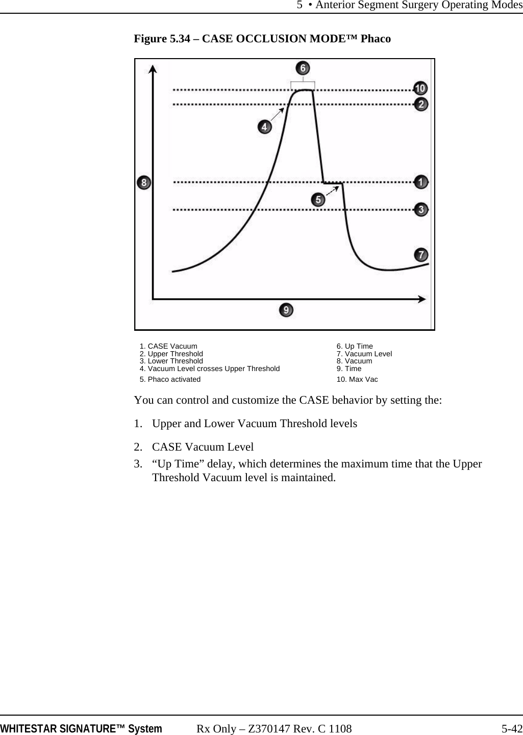 5 • Anterior Segment Surgery Operating ModesWHITESTAR SIGNATURE™ System Rx Only – Z370147 Rev. C 1108 5-42Figure 5.34 – CASE OCCLUSION MODE™ PhacoYou can control and customize the CASE behavior by setting the:1. Upper and Lower Vacuum Threshold levels2. CASE Vacuum Level3. “Up Time” delay, which determines the maximum time that the Upper Threshold Vacuum level is maintained.1. CASE Vacuum 6. Up Time2. Upper Threshold 7. Vacuum Level3. Lower Threshold 8. Vacuum4. Vacuum Level crosses Upper Threshold 9. Time5. Phaco activated 10. Max Vac
