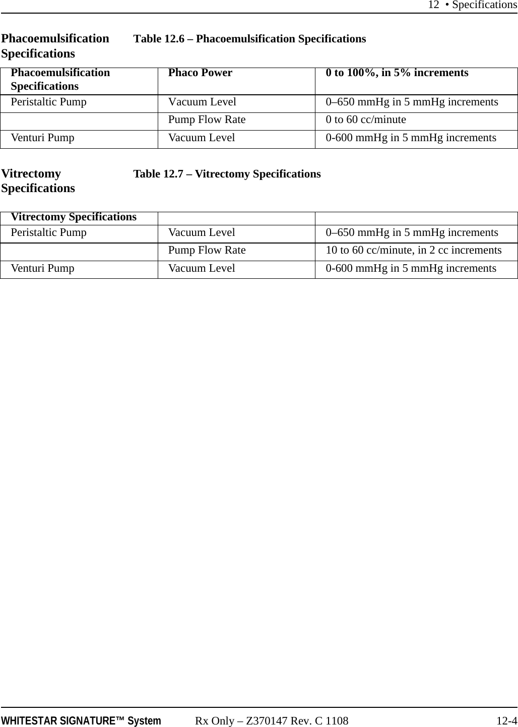 12 • SpecificationsWHITESTAR SIGNATURE™ System Rx Only – Z370147 Rev. C 1108 12-4Phacoemulsification Specifications Table 12.6 – Phacoemulsification SpecificationsVitrectomy Specifications Table 12.7 – Vitrectomy SpecificationsPhacoemulsification Specifications Phaco Power  0 to 100%, in 5% increments Peristaltic Pump Vacuum Level  0–650 mmHg in 5 mmHg increments Pump Flow Rate  0 to 60 cc/minuteVenturi Pump Vacuum Level  0-600 mmHg in 5 mmHg increments Vitrectomy SpecificationsPeristaltic Pump Vacuum Level  0–650 mmHg in 5 mmHg increments Pump Flow Rate  10 to 60 cc/minute, in 2 cc incrementsVenturi Pump Vacuum Level  0-600 mmHg in 5 mmHg increments 