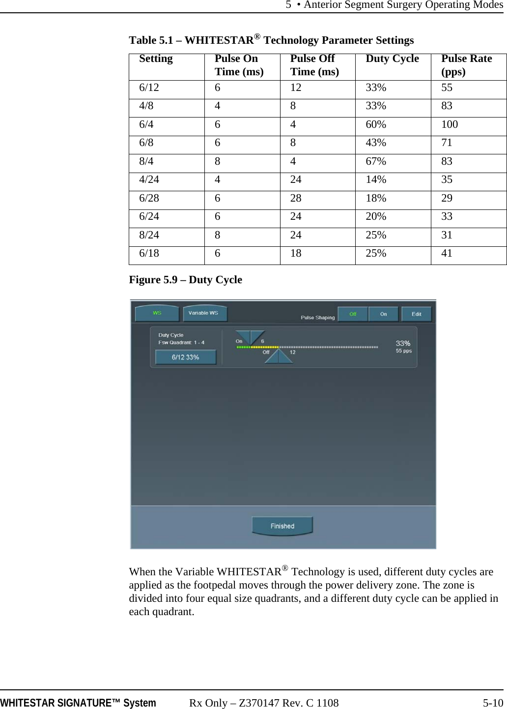 5 • Anterior Segment Surgery Operating ModesWHITESTAR SIGNATURE™ System Rx Only – Z370147 Rev. C 1108 5-10Table 5.1 – WHITESTAR® Technology Parameter SettingsFigure 5.9 – Duty CycleWhen the Variable WHITESTAR® Technology is used, different duty cycles are applied as the footpedal moves through the power delivery zone. The zone is divided into four equal size quadrants, and a different duty cycle can be applied in each quadrant. Setting Pulse On Time (ms) Pulse Off Time (ms) Duty Cycle Pulse Rate (pps)6/12 6 12 33% 554/8 4 8 33% 836/4 6 4 60% 1006/8 6 8 43% 718/4 8 4 67% 834/24 4 24 14% 356/28 6 28 18% 296/24 6 24 20% 338/24 8 24 25% 316/18 6 18 25% 41