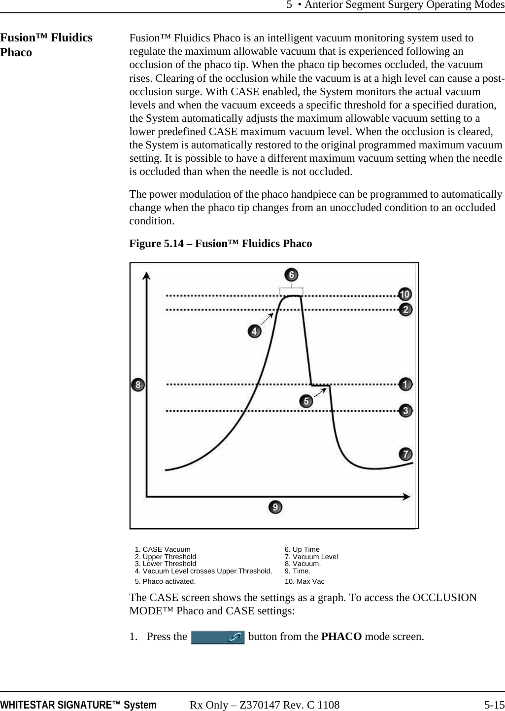 5 • Anterior Segment Surgery Operating ModesWHITESTAR SIGNATURE™ System Rx Only – Z370147 Rev. C 1108 5-15Fusion™ Fluidics Phaco Fusion™ Fluidics Phaco is an intelligent vacuum monitoring system used to regulate the maximum allowable vacuum that is experienced following an occlusion of the phaco tip. When the phaco tip becomes occluded, the vacuum rises. Clearing of the occlusion while the vacuum is at a high level can cause a post-occlusion surge. With CASE enabled, the System monitors the actual vacuum levels and when the vacuum exceeds a specific threshold for a specified duration, the System automatically adjusts the maximum allowable vacuum setting to a lower predefined CASE maximum vacuum level. When the occlusion is cleared, the System is automatically restored to the original programmed maximum vacuum setting. It is possible to have a different maximum vacuum setting when the needle is occluded than when the needle is not occluded.The power modulation of the phaco handpiece can be programmed to automatically change when the phaco tip changes from an unoccluded condition to an occluded condition.Figure 5.14 – Fusion™ Fluidics PhacoThe CASE screen shows the settings as a graph. To access the OCCLUSION MODE™ Phaco and CASE settings:1. Press the   button from the PHACO mode screen. 1. CASE Vacuum 6. Up Time2. Upper Threshold 7. Vacuum Level3. Lower Threshold 8. Vacuum.4. Vacuum Level crosses Upper Threshold. 9. Time.5. Phaco activated. 10. Max Vac