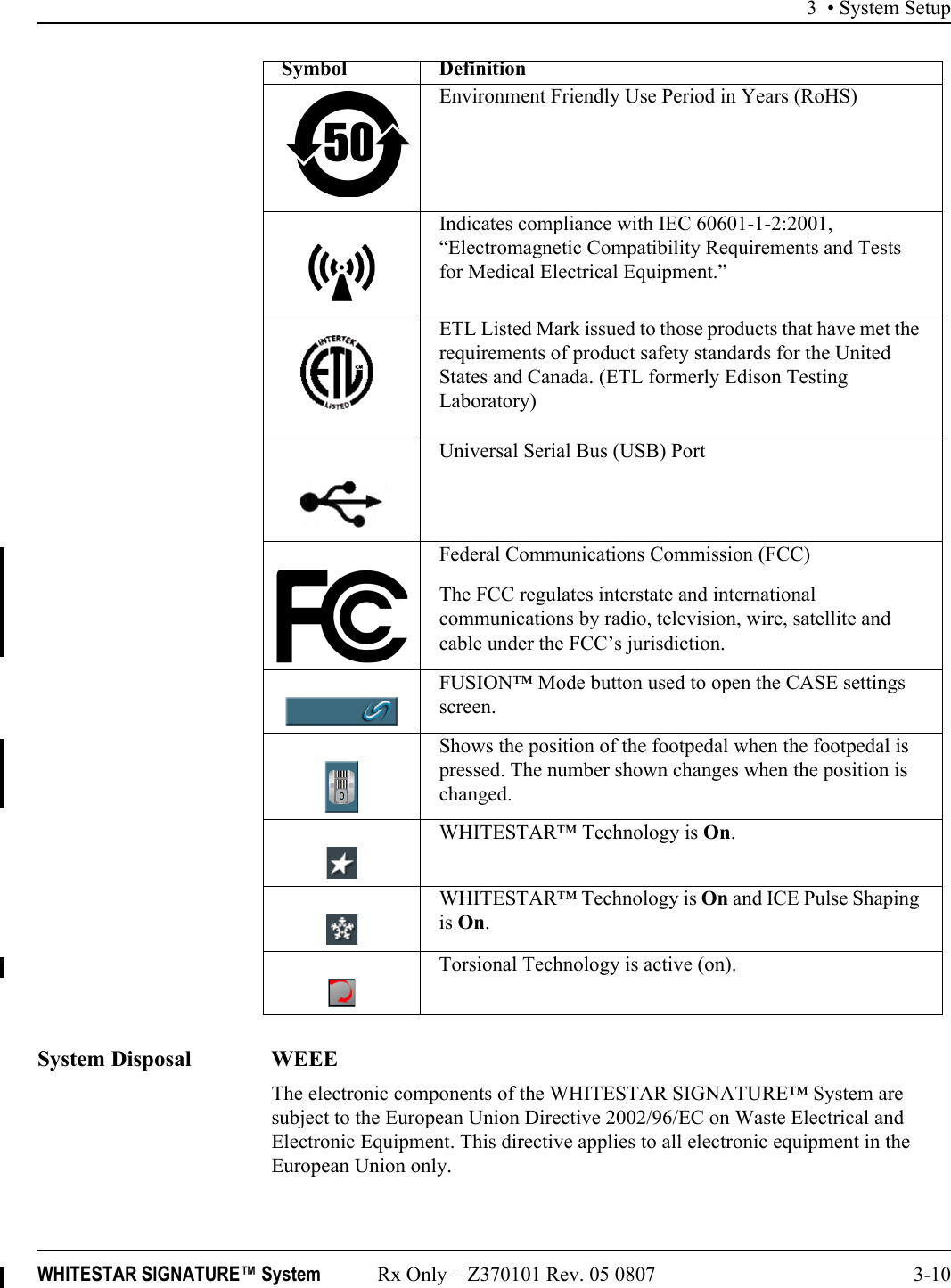 3 • System SetupWHITESTAR SIGNATURE™ System Rx Only – Z370101 Rev. 05 0807 3-10System Disposal WEEEThe electronic components of the WHITESTAR SIGNATURE™ System are subject to the European Union Directive 2002/96/EC on Waste Electrical and Electronic Equipment. This directive applies to all electronic equipment in the European Union only.Environment Friendly Use Period in Years (RoHS)Indicates compliance with IEC 60601-1-2:2001, “Electromagnetic Compatibility Requirements and Tests for Medical Electrical Equipment.” ETL Listed Mark issued to those products that have met the requirements of product safety standards for the United States and Canada. (ETL formerly Edison Testing Laboratory)Universal Serial Bus (USB) Port Federal Communications Commission (FCC)The FCC regulates interstate and international communications by radio, television, wire, satellite and cable under the FCC’s jurisdiction.FUSION™ Mode button used to open the CASE settings screen.Shows the position of the footpedal when the footpedal is pressed. The number shown changes when the position is changed.WHITESTAR™ Technology is On.WHITESTAR™ Technology is On and ICE Pulse Shaping is On.Torsional Technology is active (on). Symbol Definition