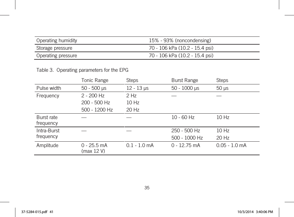  35   Operating humidity  15% - 93% (noncondensing) Storage pressure  70 - 106 kPa (10.2 - 15.4 psi) Operating pressure  70 - 106 kPa (10.2 - 15.4 psi) Table 3.  Operating parameters for the EPG Tonic Range  Steps  Burst Range  Steps Pulse width 50 - 500 µs 12 - 13 µs 50 - 1000 µs 50 µs Frequency  2 - 200 Hz 200 - 500 Hz 500 - 1200 Hz 2 Hz 10 Hz 20 Hz —  — Burst rate frequency —  —  10 - 60 Hz  10 Hz Intra-Burst frequency —  —  250 - 500 Hz 500 - 1000 Hz 10 Hz 20 Hz Amplitude  0 - 25.5 mA  (max 12 V) 0.1 - 1.0 mA  0 - 12.75 mA  0.05 - 1.0 mA  37-5284-015.pdf   41 10/3/2014   3:40:06 PM