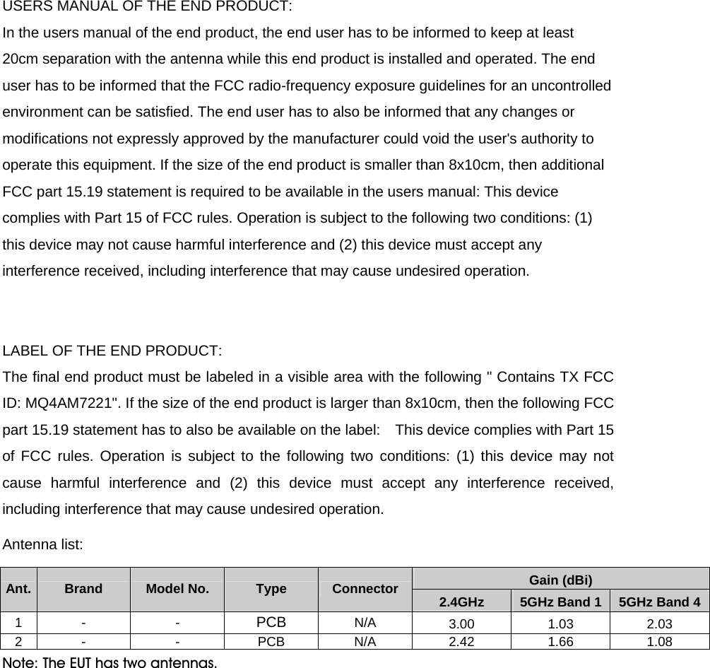    USERS MANUAL OF THE END PRODUCT: In the users manual of the end product, the end user has to be informed to keep at least 20cm separation with the antenna while this end product is installed and operated. The end user has to be informed that the FCC radio-frequency exposure guidelines for an uncontrolled environment can be satisfied. The end user has to also be informed that any changes or modifications not expressly approved by the manufacturer could void the user&apos;s authority to operate this equipment. If the size of the end product is smaller than 8x10cm, then additional FCC part 15.19 statement is required to be available in the users manual: This device complies with Part 15 of FCC rules. Operation is subject to the following two conditions: (1) this device may not cause harmful interference and (2) this device must accept any interference received, including interference that may cause undesired operation.   LABEL OF THE END PRODUCT: The final end product must be labeled in a visible area with the following &quot; Contains TX FCC ID: MQ4AM7221&quot;. If the size of the end product is larger than 8x10cm, then the following FCC part 15.19 statement has to also be available on the label:    This device complies with Part 15 of FCC rules. Operation is subject to the following two conditions: (1) this device may not cause harmful interference and (2) this device must accept any interference received, including interference that may cause undesired operation. Antenna list: Gain (dBi) Ant.  Brand  Model No.  Type  Connector  2.4GHz  5GHz Band 1 5GHz Band 41 -  -  PCB  N/A  3.00 1.03 2.03 2 -  -  PCB  N/A  2.42  1.66  1.08 Note: The EUT has two antennas.    