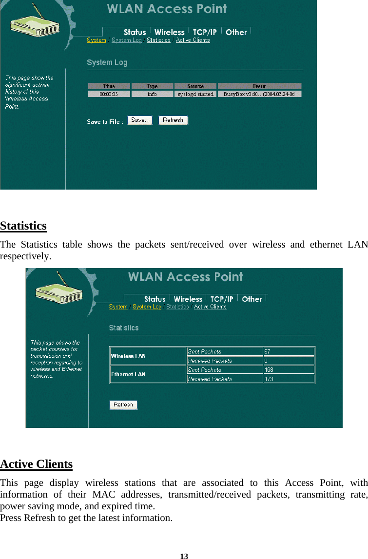  13   Statistics The Statistics table shows the packets sent/received over wireless and ethernet LAN respectively.    Active Clients This page display wireless stations that are associated to this Access Point, with information of their MAC addresses, transmitted/received packets, transmitting rate, power saving mode, and expired time.  Press Refresh to get the latest information.  