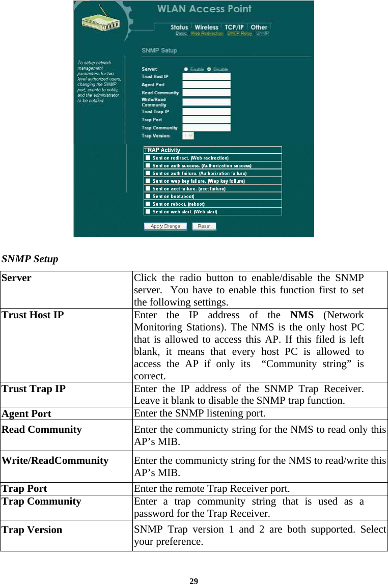  29   SNMP Setup Server  Click the radio button to enable/disable the SNMP server.  You have to enable this function first to set the following settings.  Trust Host IP  Enter the IP address of the NMS (Network Monitoring Stations). The NMS is the only host PC that is allowed to access this AP. If this filed is left blank, it means that every host PC is allowed to access the AP if only its  “Community string” is correct. Trust Trap IP  Enter the IP address of the SNMP Trap Receiver. Leave it blank to disable the SNMP trap function.  Agent Port  Enter the SNMP listening port.  Read Community  Enter the communicty string for the NMS to read only this AP’s MIB.  Write/ReadCommunity  Enter the communicty string for the NMS to read/write this AP’s MIB.  Trap Port  Enter the remote Trap Receiver port.  Trap Community  Enter a trap community string that is used as a password for the Trap Receiver.   Trap Version  SNMP Trap version 1 and 2 are both supported. Select your preference.   