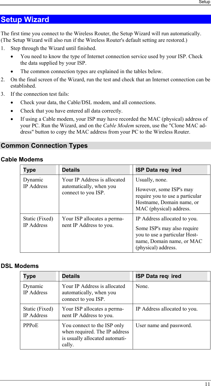 Setup 11 Setup Wizard The first time you connect to the Wireless Router, the Setup Wizard will run automatically. (The Setup Wizard will also run if the Wireless Router&apos;s default setting are restored.) 1.  Step through the Wizard until finished.  •  You need to know the type of Internet connection service used by your ISP. Check the data supplied by your ISP.  •  The common connection types are explained in the tables below. 2.  On the final screen of the Wizard, run the test and check that an Internet connection can be established. 3.  If the connection test fails: •  Check your data, the Cable/DSL modem, and all connections. •  Check that you have entered all data correctly. •  If using a Cable modem, your ISP may have recorded the MAC (physical) address of your PC. Run the Wizard, and on the Cable Modem screen, use the &quot;Clone MAC ad-dress&quot; button to copy the MAC address from your PC to the Wireless Router. Common Connection Types Cable Modems Type  Details  ISP Data required Dynamic IP Address Your IP Address is allocated automatically, when you connect to you ISP. Usually, none.  However, some ISP&apos;s may require you to use a particular Hostname, Domain name, or MAC (physical) address. Static (Fixed) IP Address Your ISP allocates a perma-nent IP Address to you. IP Address allocated to you. Some ISP&apos;s may also require you to use a particular Host-name, Domain name, or MAC (physical) address.  DSL Modems Type  Details  ISP Data required Dynamic IP Address Your IP Address is allocated automatically, when you connect to you ISP. None. Static (Fixed) IP Address Your ISP allocates a perma-nent IP Address to you. IP Address allocated to you. PPPoE  You connect to the ISP only when required. The IP address is usually allocated automati-cally. User name and password. 