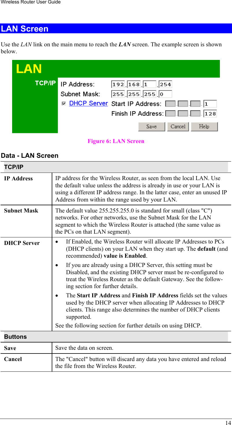 Wireless Router User Guide 14 LAN Screen Use the LAN link on the main menu to reach the LAN screen. The example screen is shown below.  Figure 6: LAN Screen Data - LAN Screen TCP/IP IP Address  IP address for the Wireless Router, as seen from the local LAN. Use the default value unless the address is already in use or your LAN is using a different IP address range. In the latter case, enter an unused IP Address from within the range used by your LAN. Subnet Mask  The default value 255.255.255.0 is standard for small (class &quot;C&quot;) networks. For other networks, use the Subnet Mask for the LAN segment to which the Wireless Router is attached (the same value as the PCs on that LAN segment). DHCP Server  •  If Enabled, the Wireless Router will allocate IP Addresses to PCs (DHCP clients) on your LAN when they start up. The default (and recommended) value is Enabled. •  If you are already using a DHCP Server, this setting must be Disabled, and the existing DHCP server must be re-configured to treat the Wireless Router as the default Gateway. See the follow-ing section for further details. •  The Start IP Address and Finish IP Address fields set the values used by the DHCP server when allocating IP Addresses to DHCP clients. This range also determines the number of DHCP clients supported. See the following section for further details on using DHCP. Buttons Save  Save the data on screen. Cancel  The &quot;Cancel&quot; button will discard any data you have entered and reload the file from the Wireless Router.  