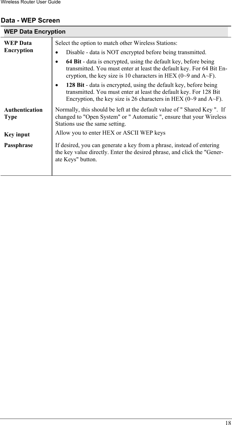 Wireless Router User Guide 18 Data - WEP Screen WEP Data Encryption WEP Data Encryption Select the option to match other Wireless Stations: •  Disable - data is NOT encrypted before being transmitted. •  64 Bit - data is encrypted, using the default key, before being transmitted. You must enter at least the default key. For 64 Bit En-cryption, the key size is 10 characters in HEX (0~9 and A~F). •  128 Bit - data is encrypted, using the default key, before being transmitted. You must enter at least the default key. For 128 Bit Encryption, the key size is 26 characters in HEX (0~9 and A~F). Authentication Type Normally, this should be left at the default value of &quot; Shared Key &quot;.  If changed to &quot;Open System&quot; or &quot; Automatic &quot;, ensure that your Wireless Stations use the same setting. Key input  Allow you to enter HEX or ASCII WEP keys  Passphrase  If desired, you can generate a key from a phrase, instead of entering the key value directly. Enter the desired phrase, and click the &quot;Gener-ate Keys&quot; button.  