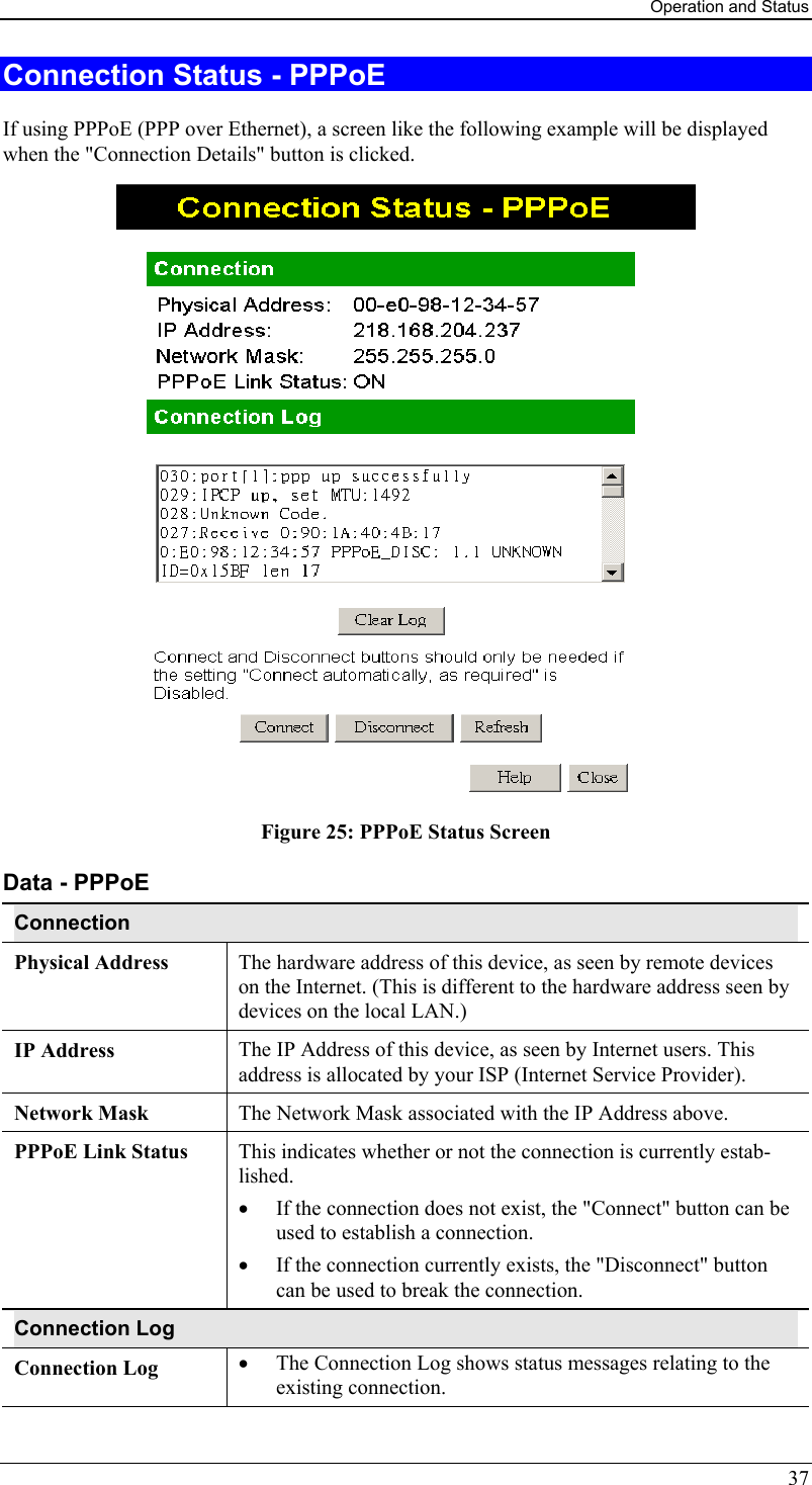 Operation and Status 37 Connection Status - PPPoE If using PPPoE (PPP over Ethernet), a screen like the following example will be displayed when the &quot;Connection Details&quot; button is clicked.  Figure 25: PPPoE Status Screen Data - PPPoE Connection Physical Address  The hardware address of this device, as seen by remote devices on the Internet. (This is different to the hardware address seen by devices on the local LAN.) IP Address  The IP Address of this device, as seen by Internet users. This address is allocated by your ISP (Internet Service Provider). Network Mask  The Network Mask associated with the IP Address above. PPPoE Link Status  This indicates whether or not the connection is currently estab-lished. •  If the connection does not exist, the &quot;Connect&quot; button can be used to establish a connection. •  If the connection currently exists, the &quot;Disconnect&quot; button can be used to break the connection. Connection Log Connection Log  •  The Connection Log shows status messages relating to the existing connection. 