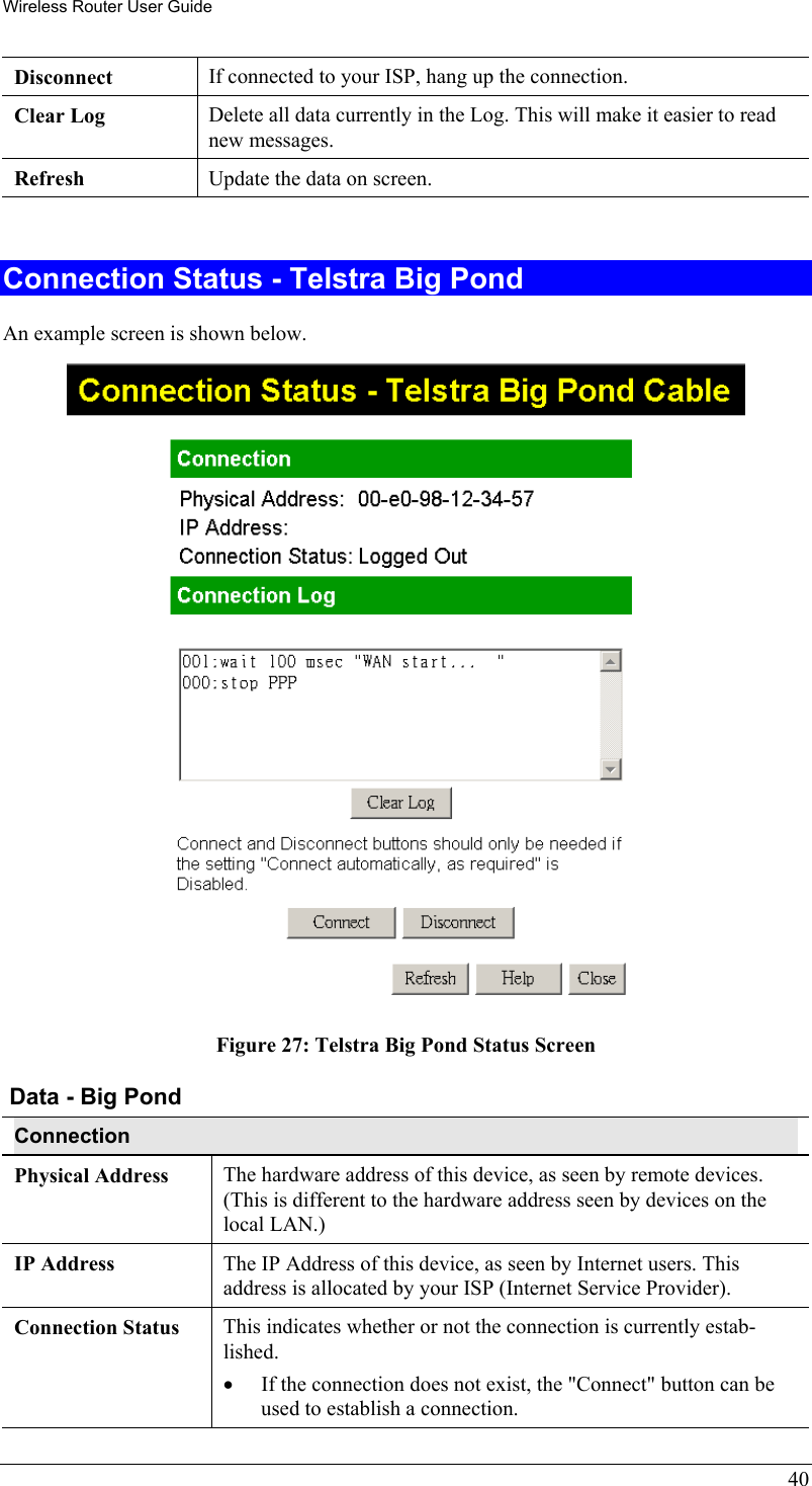 Wireless Router User Guide Disconnect  If connected to your ISP, hang up the connection. Clear Log  Delete all data currently in the Log. This will make it easier to read new messages. Refresh  Update the data on screen.  Connection Status - Telstra Big Pond An example screen is shown below.  Figure 27: Telstra Big Pond Status Screen  Data - Big Pond Connection  Physical Address  The hardware address of this device, as seen by remote devices. (This is different to the hardware address seen by devices on the local LAN.) IP Address  The IP Address of this device, as seen by Internet users. This address is allocated by your ISP (Internet Service Provider). Connection Status  This indicates whether or not the connection is currently estab-lished. •  If the connection does not exist, the &quot;Connect&quot; button can be used to establish a connection.  40 