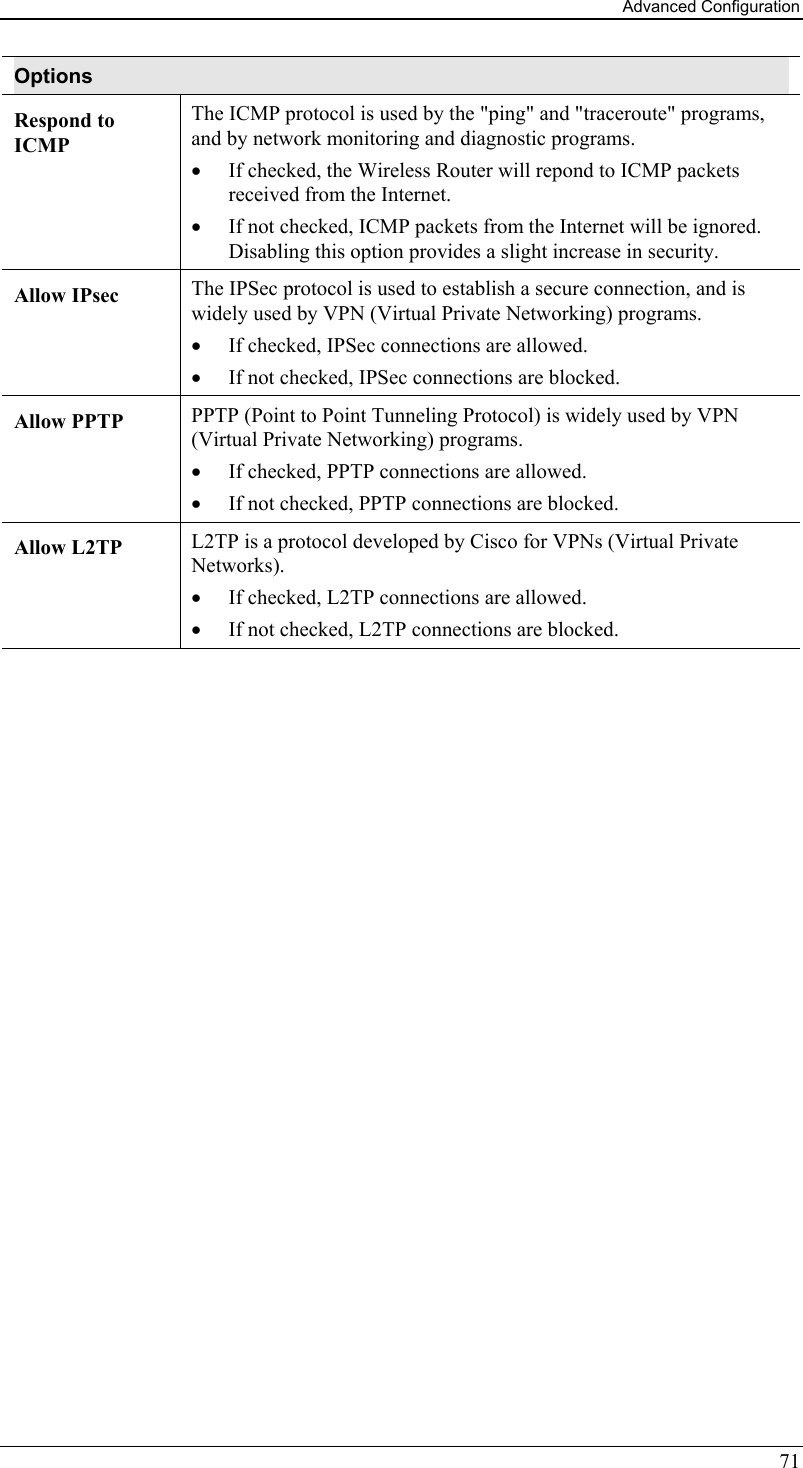 Advanced Configuration 71 Options Respond to ICMP The ICMP protocol is used by the &quot;ping&quot; and &quot;traceroute&quot; programs, and by network monitoring and diagnostic programs. •  If checked, the Wireless Router will repond to ICMP packets received from the Internet. •  If not checked, ICMP packets from the Internet will be ignored. Disabling this option provides a slight increase in security. Allow IPsec  The IPSec protocol is used to establish a secure connection, and is widely used by VPN (Virtual Private Networking) programs. •  If checked, IPSec connections are allowed. •  If not checked, IPSec connections are blocked. Allow PPTP  PPTP (Point to Point Tunneling Protocol) is widely used by VPN (Virtual Private Networking) programs. •  If checked, PPTP connections are allowed. •  If not checked, PPTP connections are blocked. Allow L2TP  L2TP is a protocol developed by Cisco for VPNs (Virtual Private Networks). •  If checked, L2TP connections are allowed. •  If not checked, L2TP connections are blocked.   