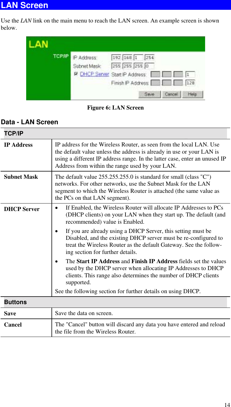  14 LAN Screen Use the LAN link on the main menu to reach the LAN screen. An example screen is shown below.  Figure 6: LAN Screen Data - LAN Screen TCP/IP IP Address  IP address for the Wireless Router, as seen from the local LAN. Use the default value unless the address is already in use or your LAN is using a different IP address range. In the latter case, enter an unused IP Address from within the range used by your LAN. Subnet Mask  The default value 255.255.255.0 is standard for small (class &quot;C&quot;) networks. For other networks, use the Subnet Mask for the LAN segment to which the Wireless Router is attached (the same value as the PCs on that LAN segment). DHCP Server  •  If Enabled, the Wireless Router will allocate IP Addresses to PCs (DHCP clients) on your LAN when they start up. The default (and recommended) value is Enabled. •  If you are already using a DHCP Server, this setting must be Disabled, and the existing DHCP server must be re-configured to treat the Wireless Router as the default Gateway. See the follow-ing section for further details. •  The Start IP Address and Finish IP Address fields set the values used by the DHCP server when allocating IP Addresses to DHCP clients. This range also determines the number of DHCP clients supported. See the following section for further details on using DHCP. Buttons Save  Save the data on screen. Cancel  The &quot;Cancel&quot; button will discard any data you have entered and reload the file from the Wireless Router.  