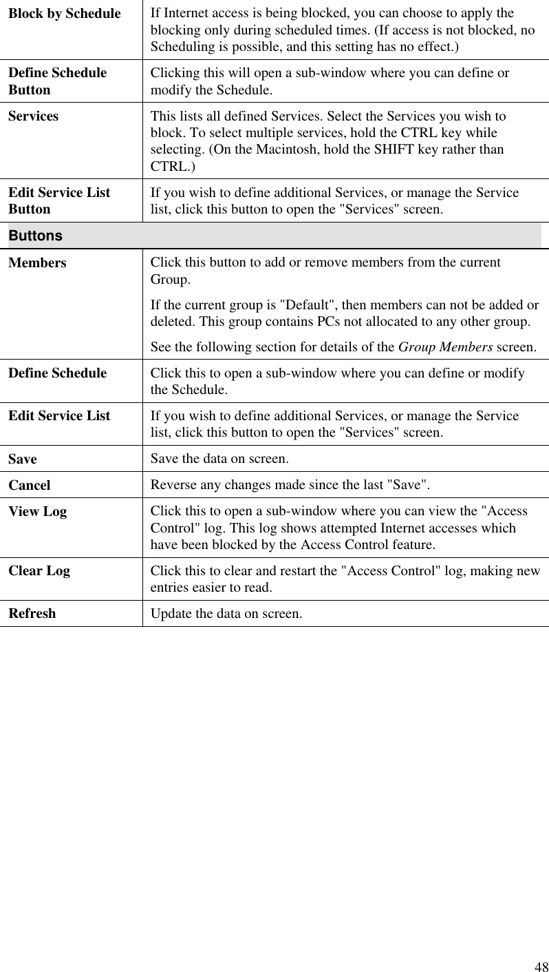  48 Block by Schedule  If Internet access is being blocked, you can choose to apply the blocking only during scheduled times. (If access is not blocked, no Scheduling is possible, and this setting has no effect.) Define Schedule Button  Clicking this will open a sub-window where you can define or modify the Schedule. Services  This lists all defined Services. Select the Services you wish to block. To select multiple services, hold the CTRL key while selecting. (On the Macintosh, hold the SHIFT key rather than CTRL.) Edit Service List Button  If you wish to define additional Services, or manage the Service list, click this button to open the &quot;Services&quot; screen. Buttons Members Click this button to add or remove members from the current Group. If the current group is &quot;Default&quot;, then members can not be added or deleted. This group contains PCs not allocated to any other group. See the following section for details of the Group Members screen. Define Schedule  Click this to open a sub-window where you can define or modify the Schedule. Edit Service List  If you wish to define additional Services, or manage the Service list, click this button to open the &quot;Services&quot; screen. Save  Save the data on screen. Cancel  Reverse any changes made since the last &quot;Save&quot;. View Log  Click this to open a sub-window where you can view the &quot;Access Control&quot; log. This log shows attempted Internet accesses which have been blocked by the Access Control feature. Clear Log  Click this to clear and restart the &quot;Access Control&quot; log, making new entries easier to read. Refresh  Update the data on screen.  